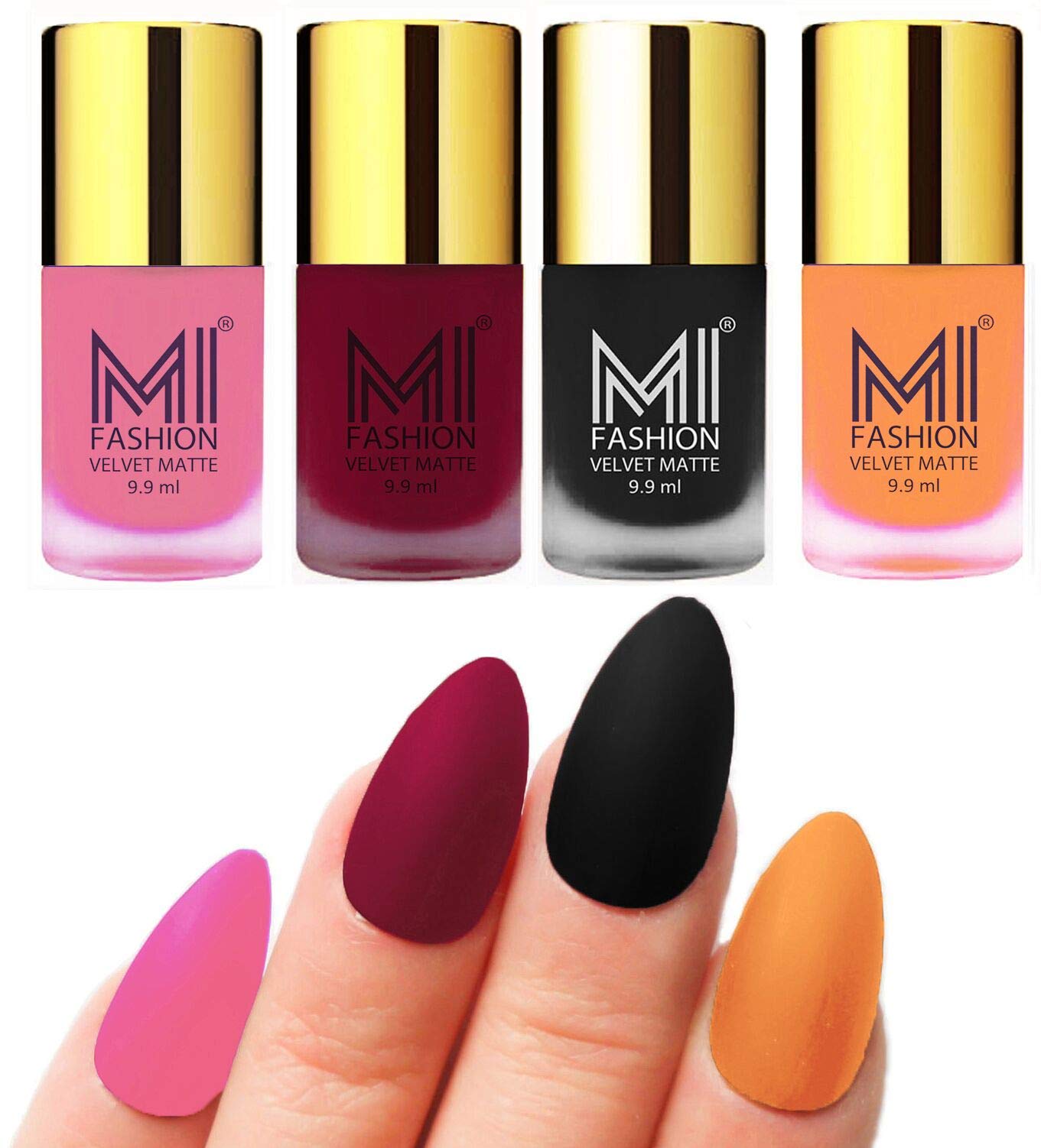 MI FASHION Velvet Matte Nail Polish Combo Pack Trendy And Stylish Colours 9.9ml Baby Pink, Mauve, Black, Saffron Orange (Pack Of-4)-image-39