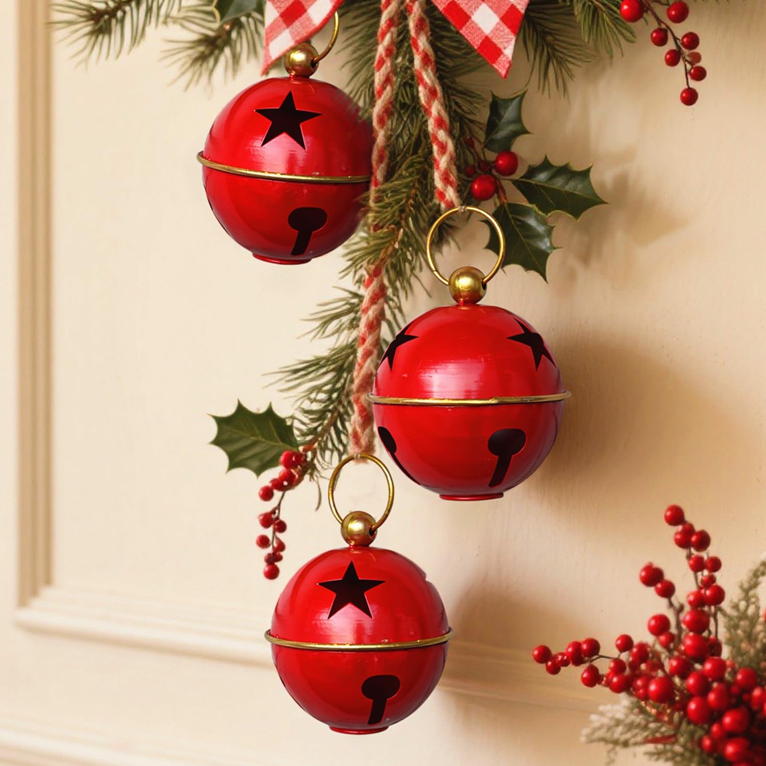 3pcs Christmas Bells for Decoration 5.12inch Rustic Vintage Christmas Decor Ball Christmas Tree Onaments Red Bells for Christmas DecorationsRed