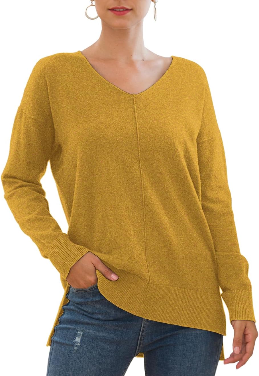 Jouica Women's Casual Lightweight V Neck Batwing Sleeve Knit Top Loose Pullover Sweater