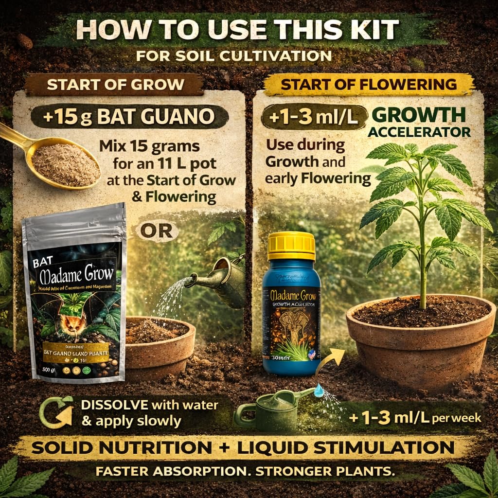 MADAME GROW Boost Kit Wachstumsbeschleuniger 500 ml + Fledermausguano 500 g, Pflanzenwurzel- und Blühdünger, Pflanzendünger, Wachstum und Stimulator, bereichert Substrat