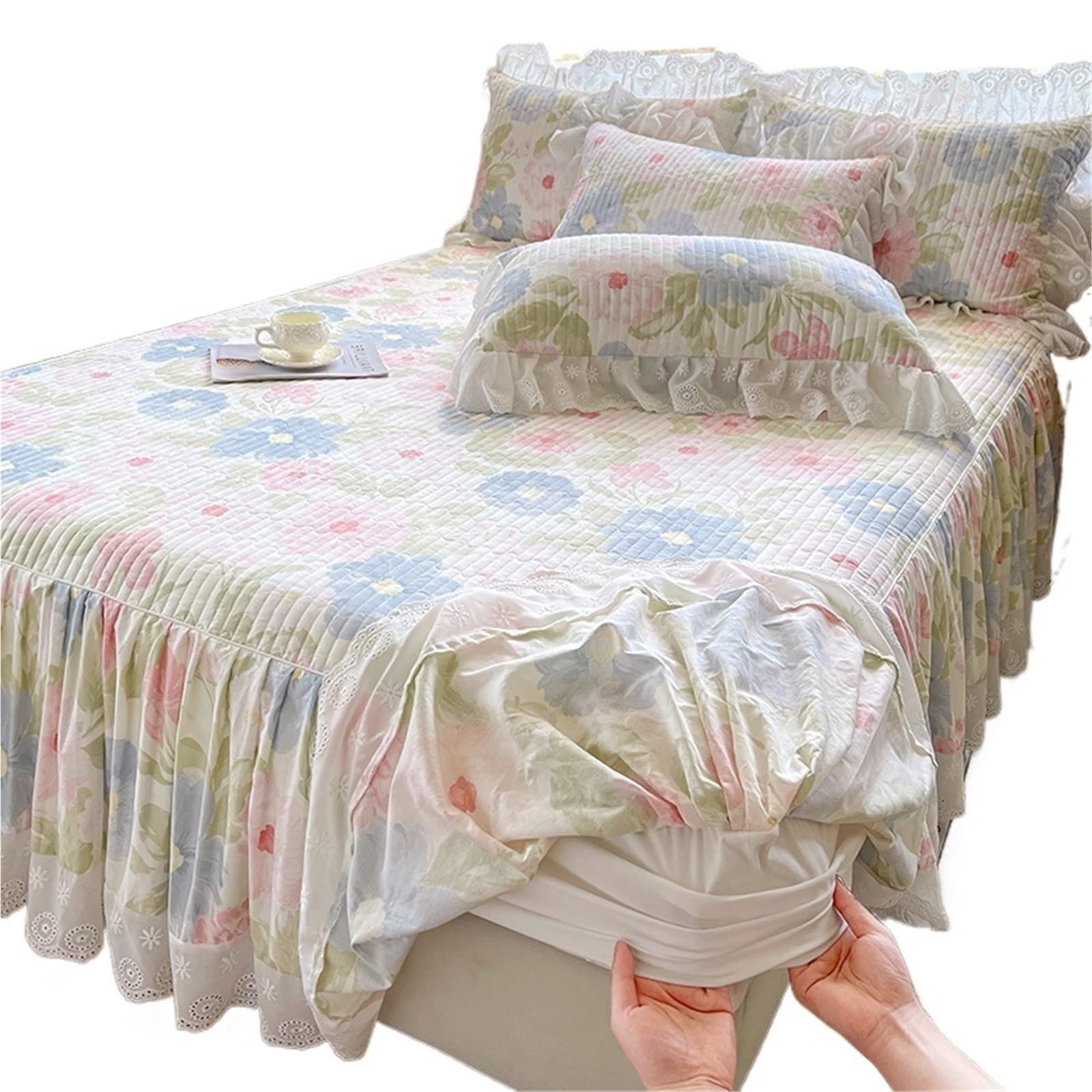 3Pcs Lace Ruffles Floral Pure Cotton Quilted Bed Skirt, Mattress Cover, Bedspread, Sheet, Fitted, With Pillowcases(Color4,150X200cm 3pcs)