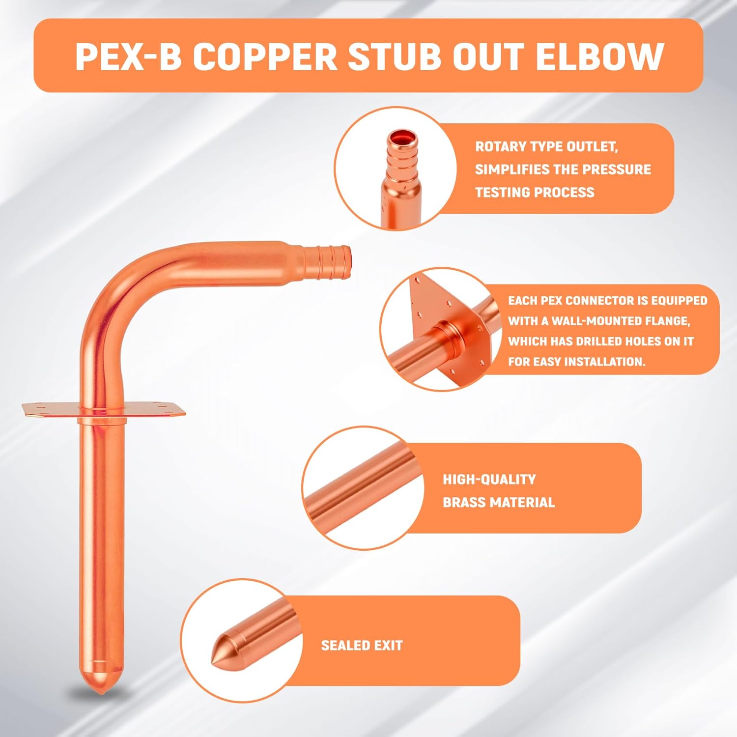 Pack of 10,1/2In Copper Stub Out Elbows with Wall Flange,F1807 Lead-Free PEX-B/C Barb Crimp Fittings,6 Inch Length, for Bathroom Faucet, Shower Valve,Toilet Supply,Easy Installation,Remodel Plumbing
