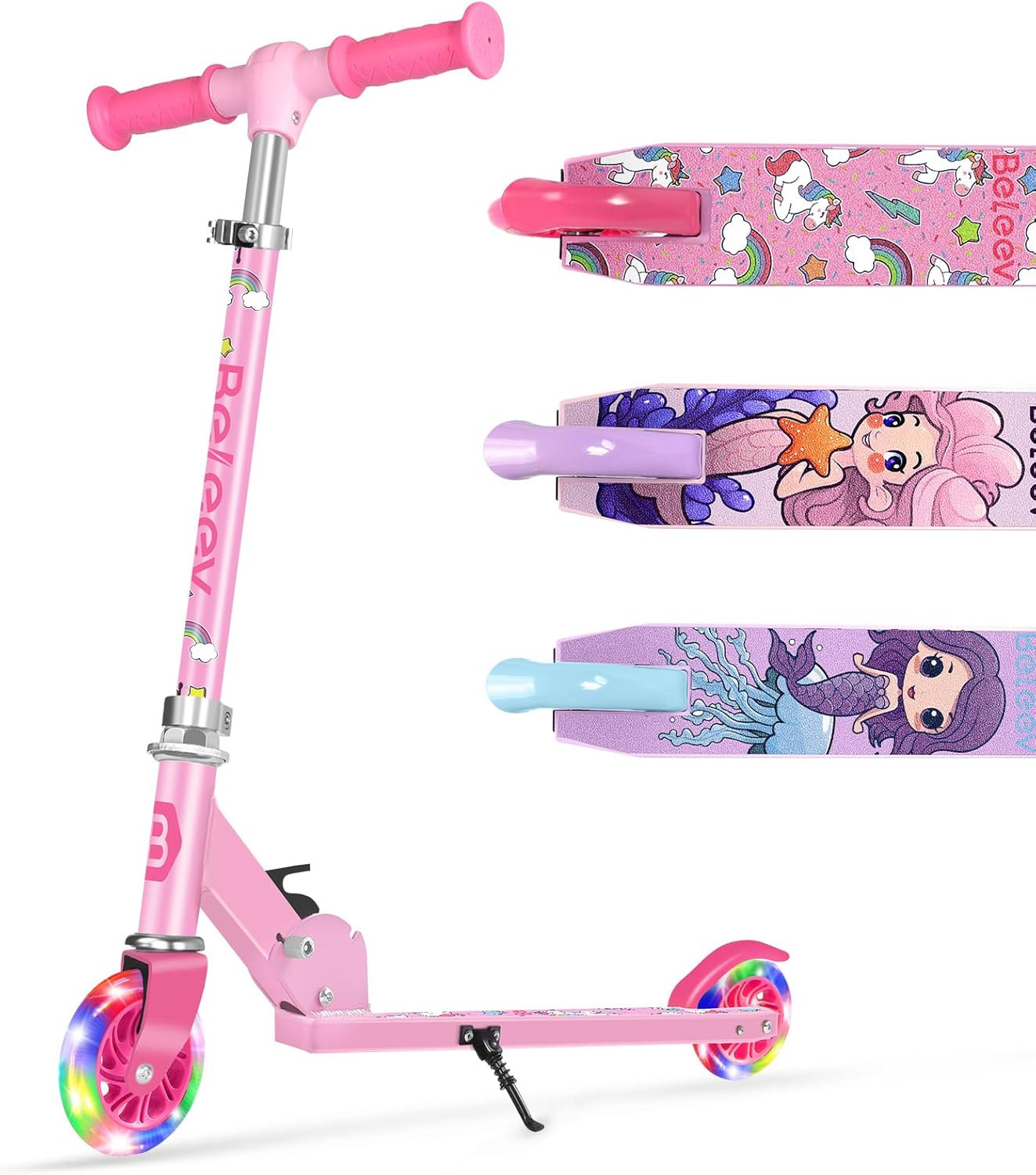 beleev v1 scooters for kids, 2 wheel folding kick scooter for girls boys, 3 adjustable height, light up wheels, lightweight scooter with sturdy frame, kickstand for children 3 to 12 years old rose pink