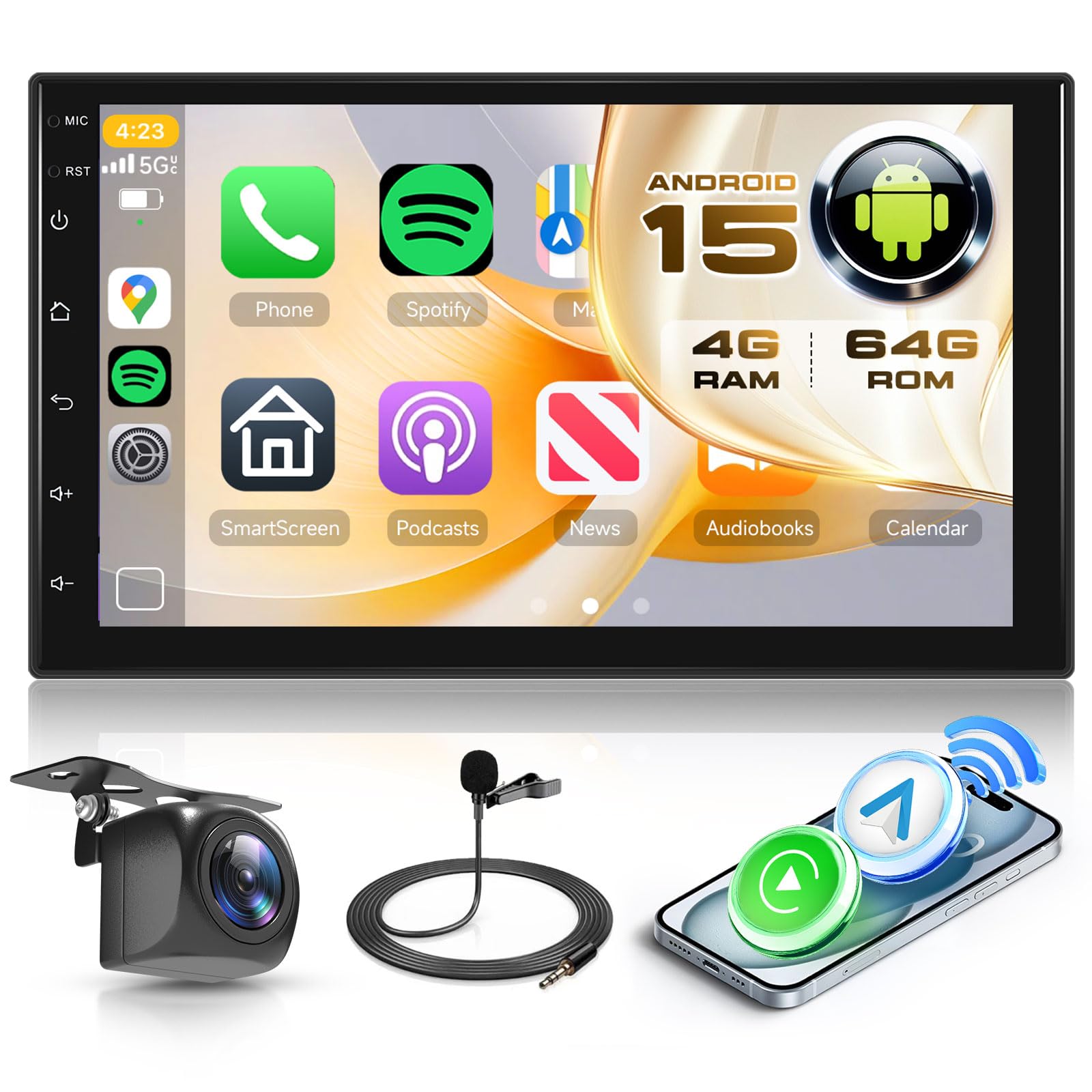 Hodozzy 4 GB + 64 GB Android 2 Din Radio samochodowe z funkcją Android Carplay Wireless Dual Din 7-calowy ekran dotykowy Radio Nawigacja samochodowa GPS WiFi Bluetooth DSP FM/RDS Radio USB/SWC + AHD
