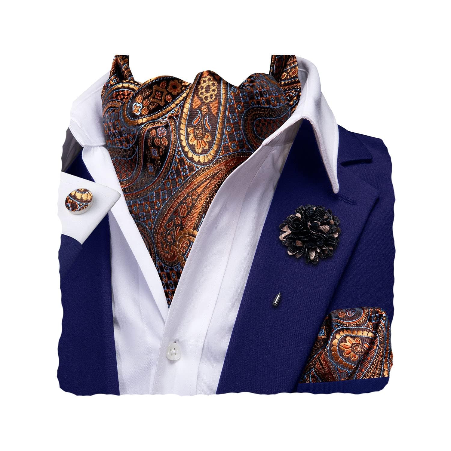 Hi-Tie Silk Ascot for Men Self Tie Men's Cravat and Flower Lapel Pin Handkerchief Cufflinks Set for Wedding Party