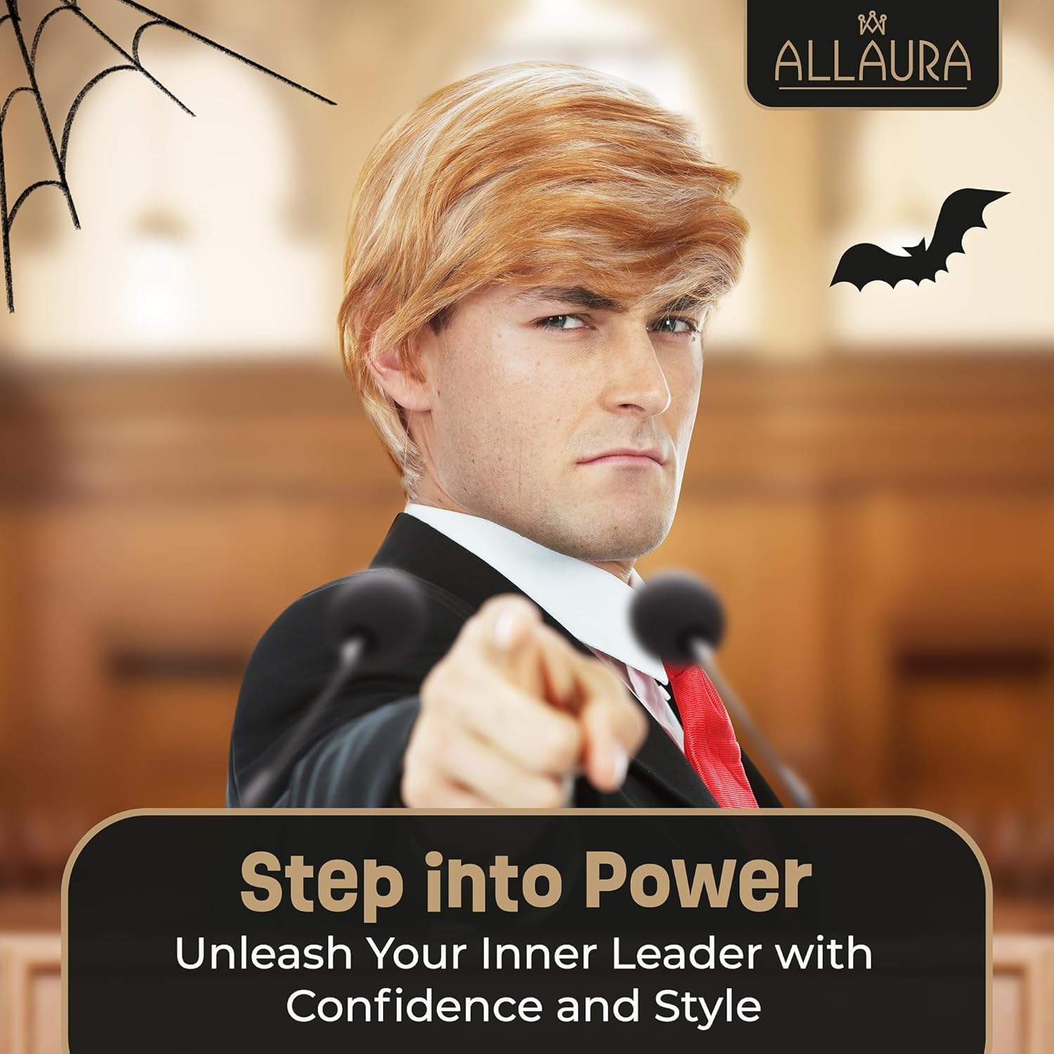 ALLAURA 3pc Donald Costume Kit – Blonde Wig, Red Tie, Flag Pin – Compatible with Pres Donald Wig Halloween Costume for Adults, Couples, Cosplay, Political Events, Parody Outfits, Toupee Wig Look Donald Wig + Accessories