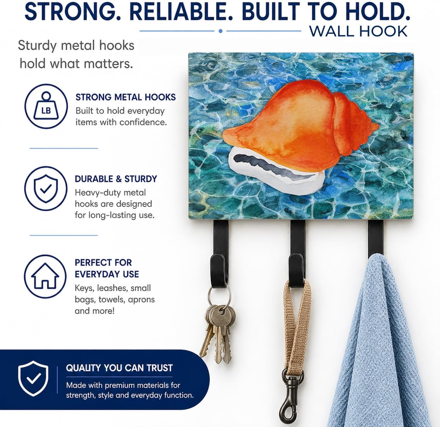 Caroline's Treasures BB5371TH68 Sea Shell Leash or Key Holder, Wall Hooks, Key Hooks Holder, Coat Rack Wall Mount, Coat Hooks, Hooks for Hanging Keys, Towels, Aprons, Leashes, image 4