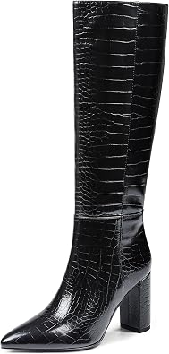 AOSPHIRAYLIAN Knee High Black Boots Women Pointed Toe Chunky Heel Boots