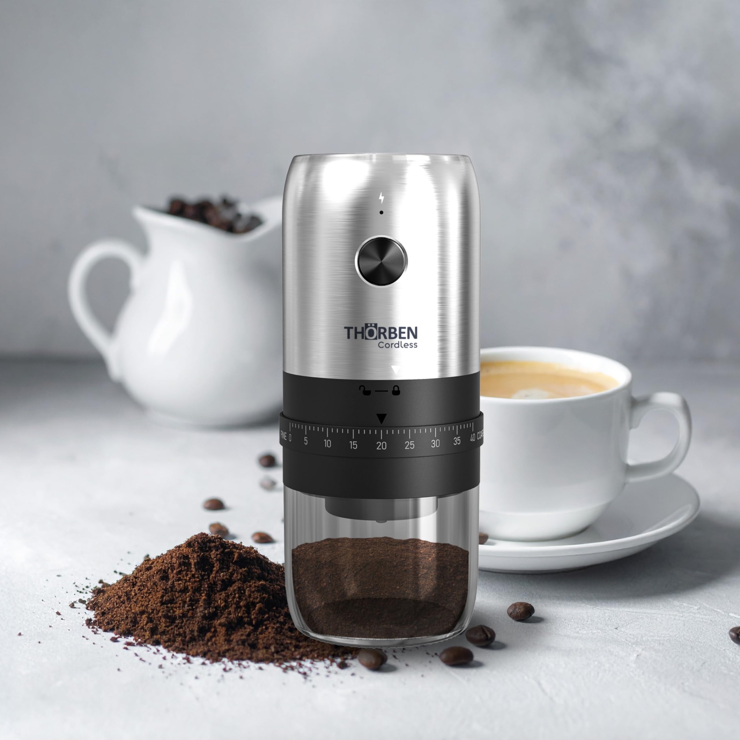 Thörben Moulin à café électrique professionnel, rechargeable USB-C, acier inoxydable, 40 niveaux de broyage, meules en céramique, 30 g de capacité, 10 W, portable, pour maison et bureau