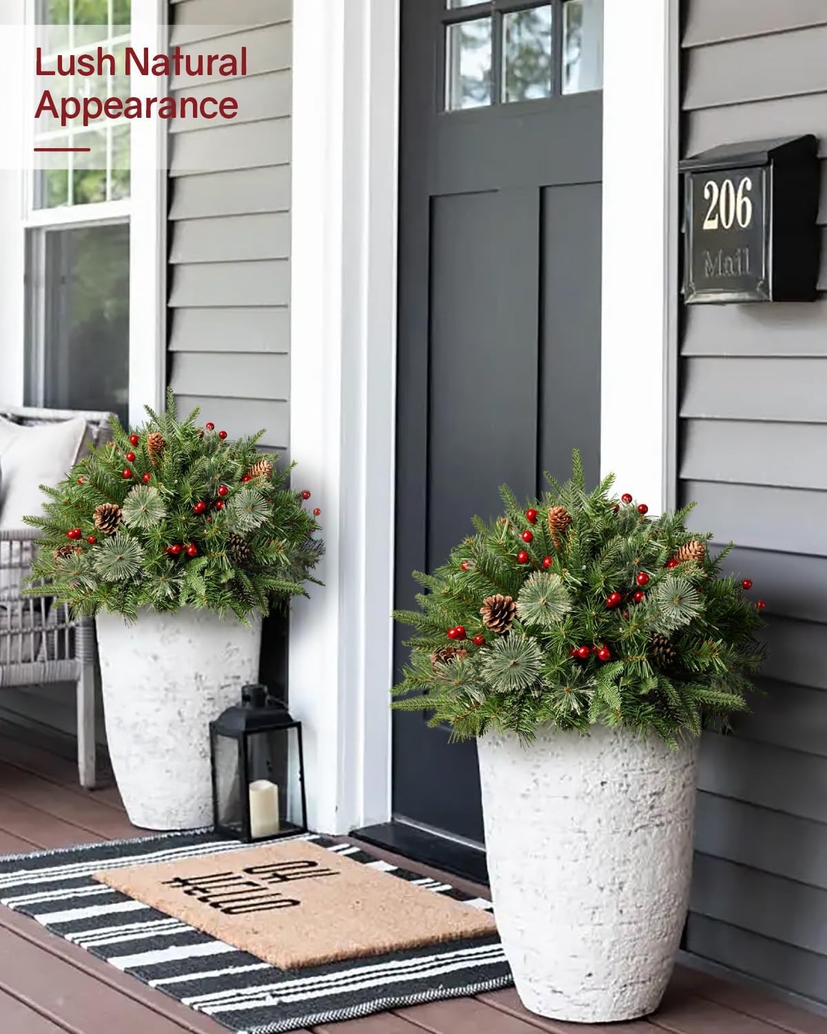 Somikis Set of 2 Outdoor Christmas Tree Urn Filler, Battery Operated Pre-lit Artificial Small Xmas Tree, w/LED Lights and Pine Cones & Red Berries, 22 Inch