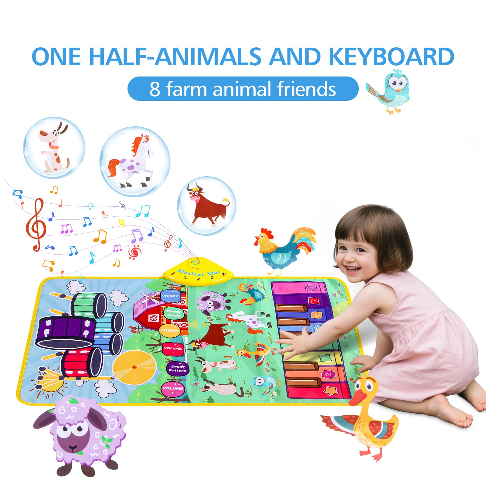 Alfombrilla de piano con sonidos musicales de animales de granja para niños, juguete educativo sensorial de aprendizaje con batería para niños pequeños, tapete interactivo para tocar el suelo 6