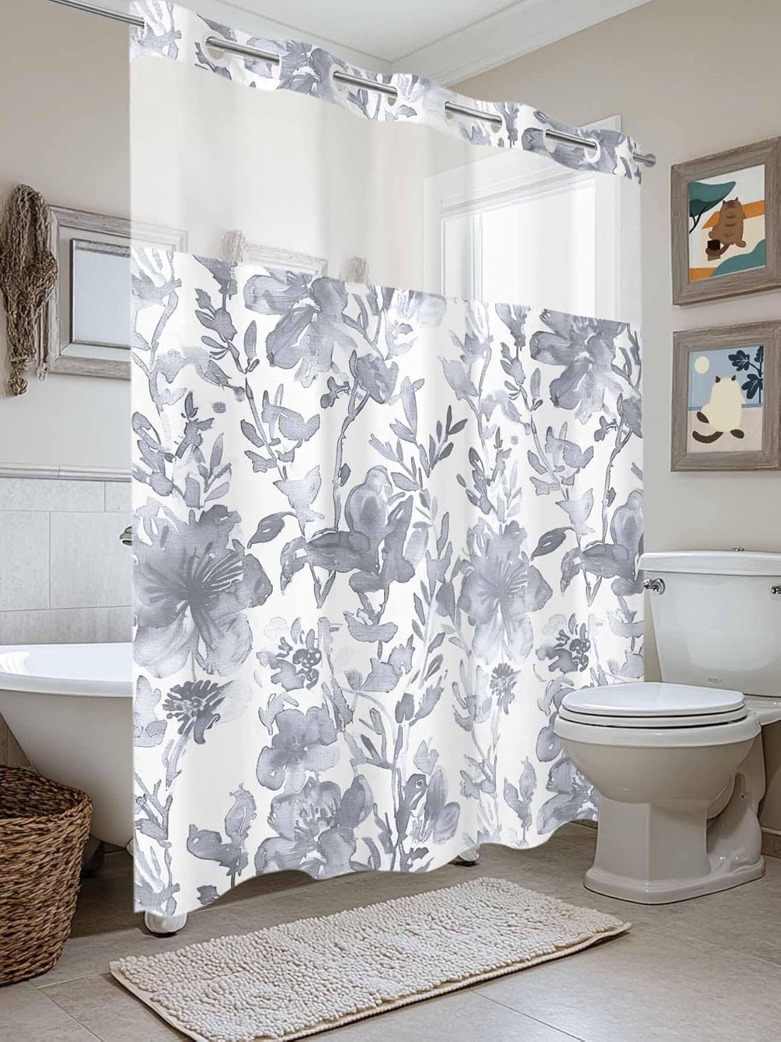 Abstract Gray Floral No Hook Shower Curtain and Liner Set Watercolor Plants Flowers Leaf Snap in Shower Curtains Waterproof Bath Curtain with See Through Top Window Hotel Liner Set 48" x 72"