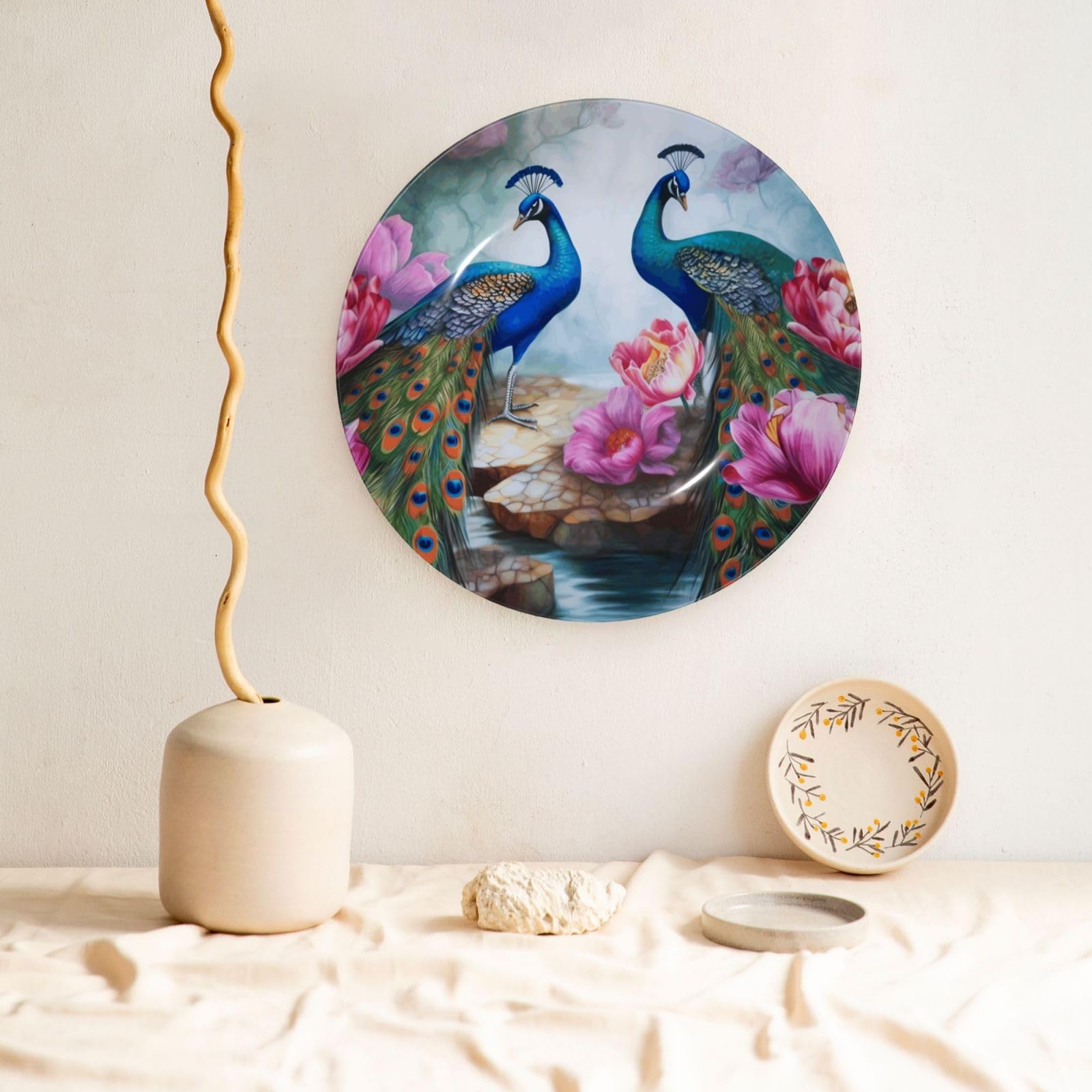 Magnifique assiette décorative en porcelaine anglaise avec image de paons et de lotus - Assiettes à dîner personnalisées en porcelaine avec support de présentation - Assiette décorative en