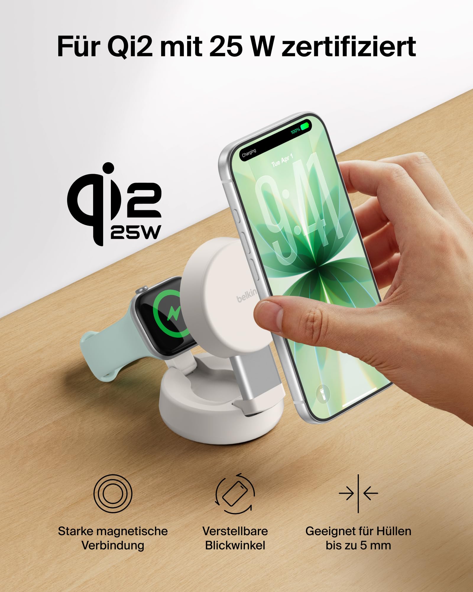 Belkin UltraCharge Pro 2-in-1 Qi2 Induktive Ladestation, 25W – Sandfarben | Verstellbar, Qi2.2-zertifiziert, MagSafe Kompatibles Kabelloses Ladegerät für iPhone, Apple Watch, Ohrhörer, mit 45W Netzteil
