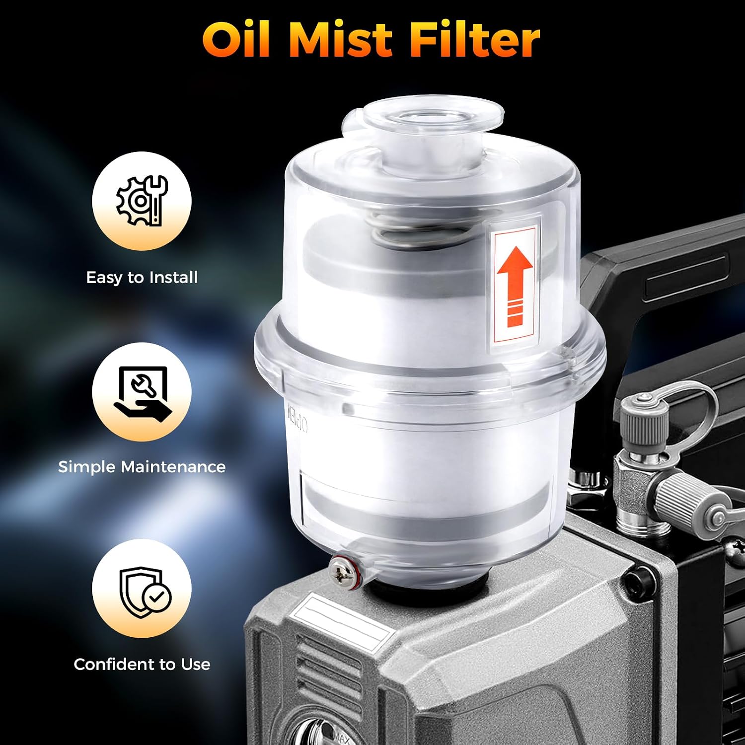 KF25 Vacuum Pump Exhaust Oil Mist Filter with Quick Release, Oil Mist Filter with 15" Length Oil Drain Pipe, 95% High Efficiency Filtration, for Labs Industrial and More