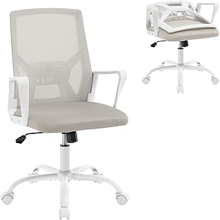Ergonomischer Bürostuhl, Computerstuhl mit Faltbarer Rückenlehne, Höhenverstellbarer Arbeitsstuhl Drehstuhl, Netzstuhl mit Wippfunktion, Hellgrau