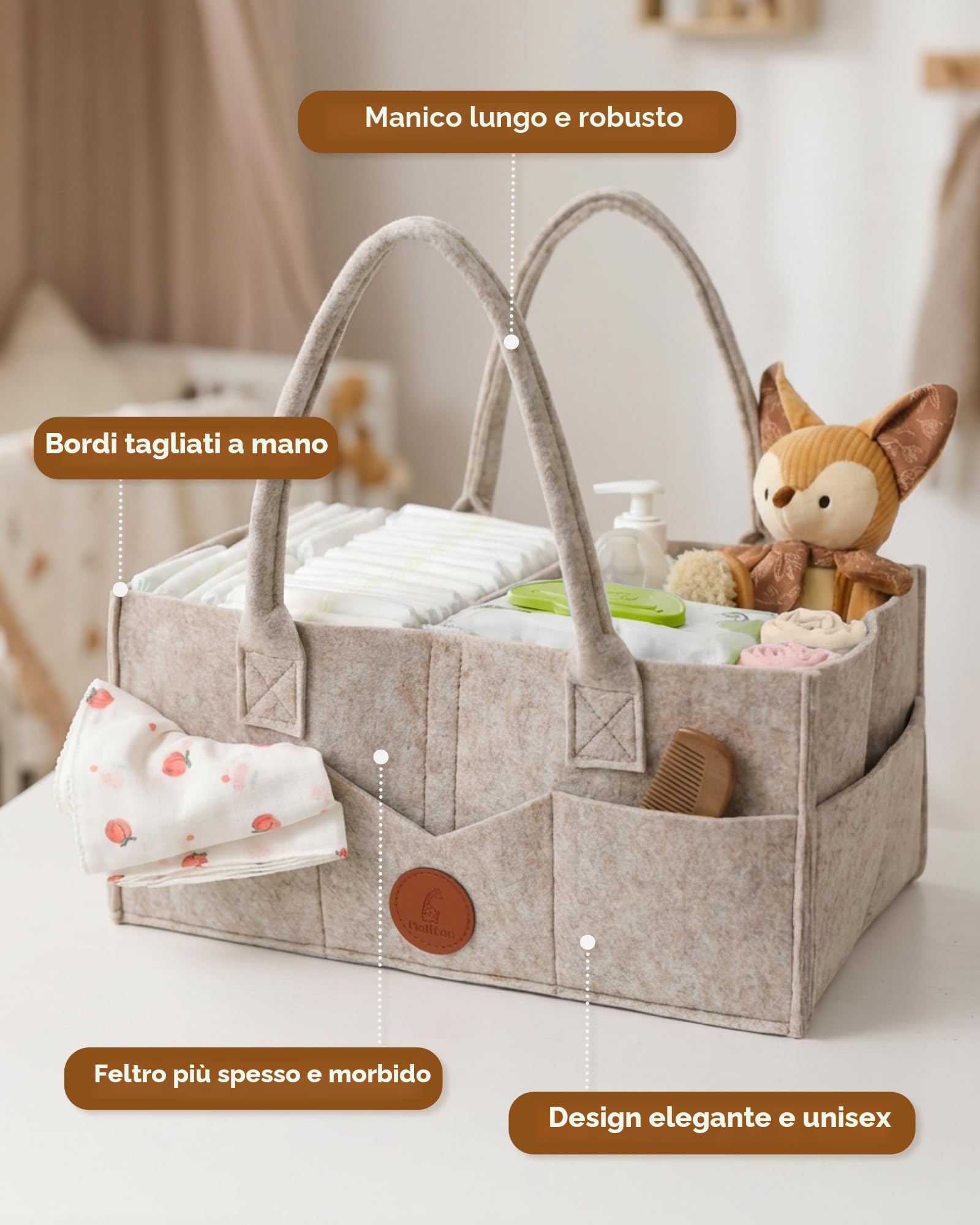 Maliton Organizer Fasciatoio per Neonati, Cestino Porta Pannolini, con Scomparti Rimovibili, Borsa per Pannolini come baby shower, Cachi
