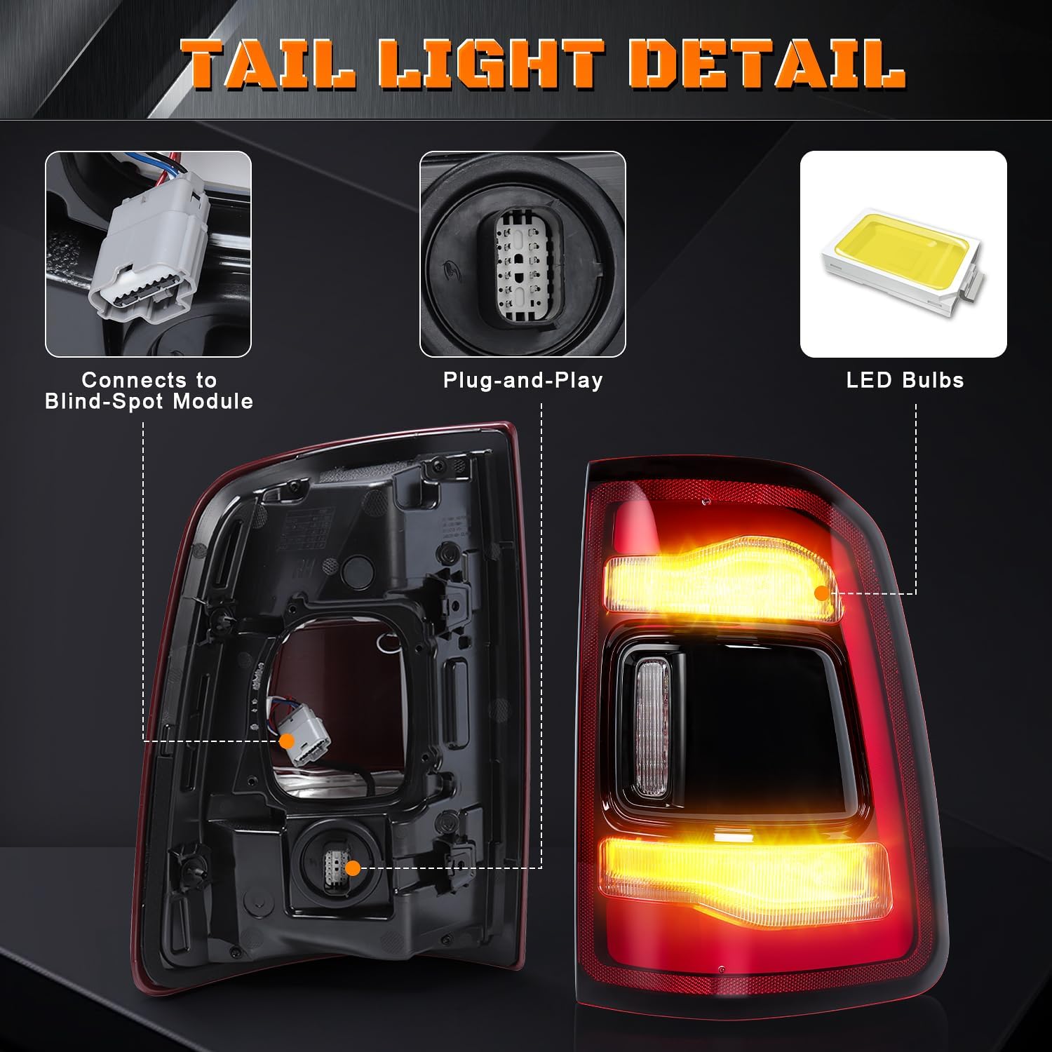 LED Tail Lights for Ram 1500 - Tail Lights Assembly with Blind Spot Compatible With Dodge Ram 1500 2019-2024 Black Right Passenger Side Replace 68262532AH