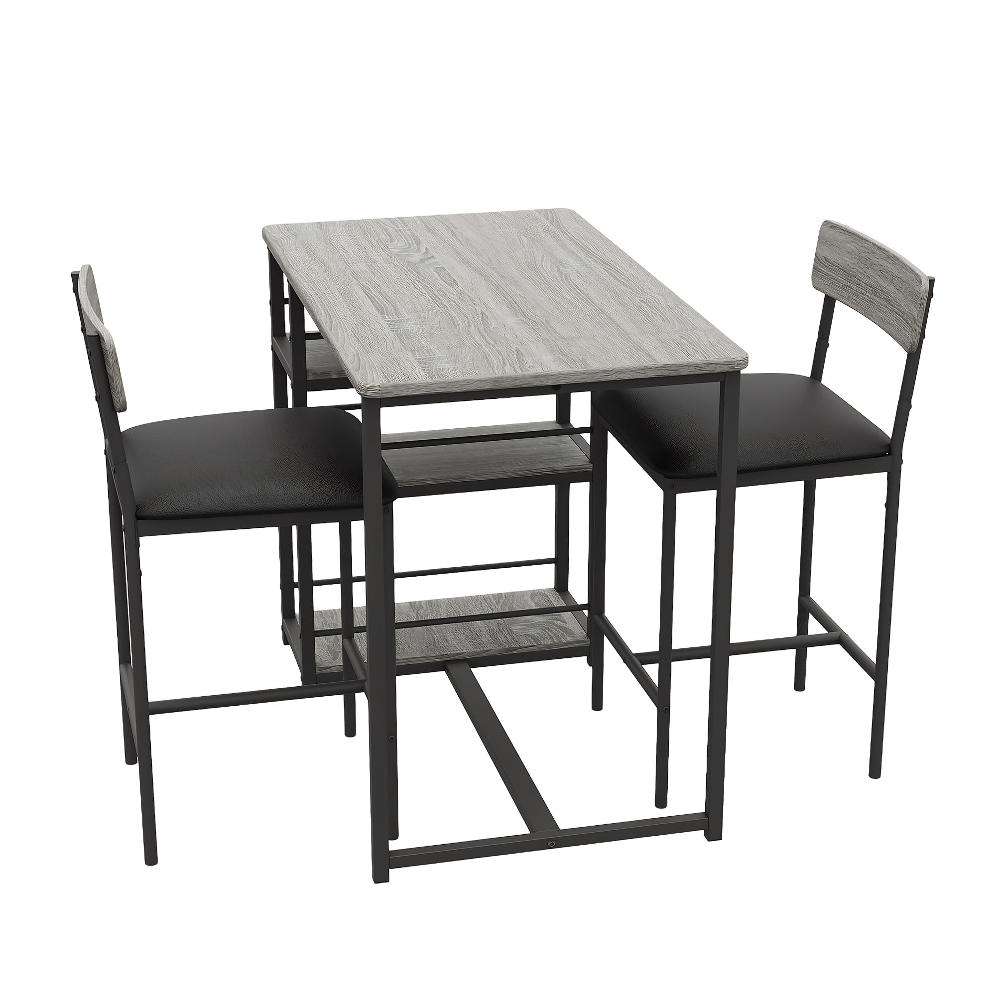 Conjunto Mesa y Sillas Comedor de Bar con Estantes, 1 Mesa y 2 Sillas,Gris