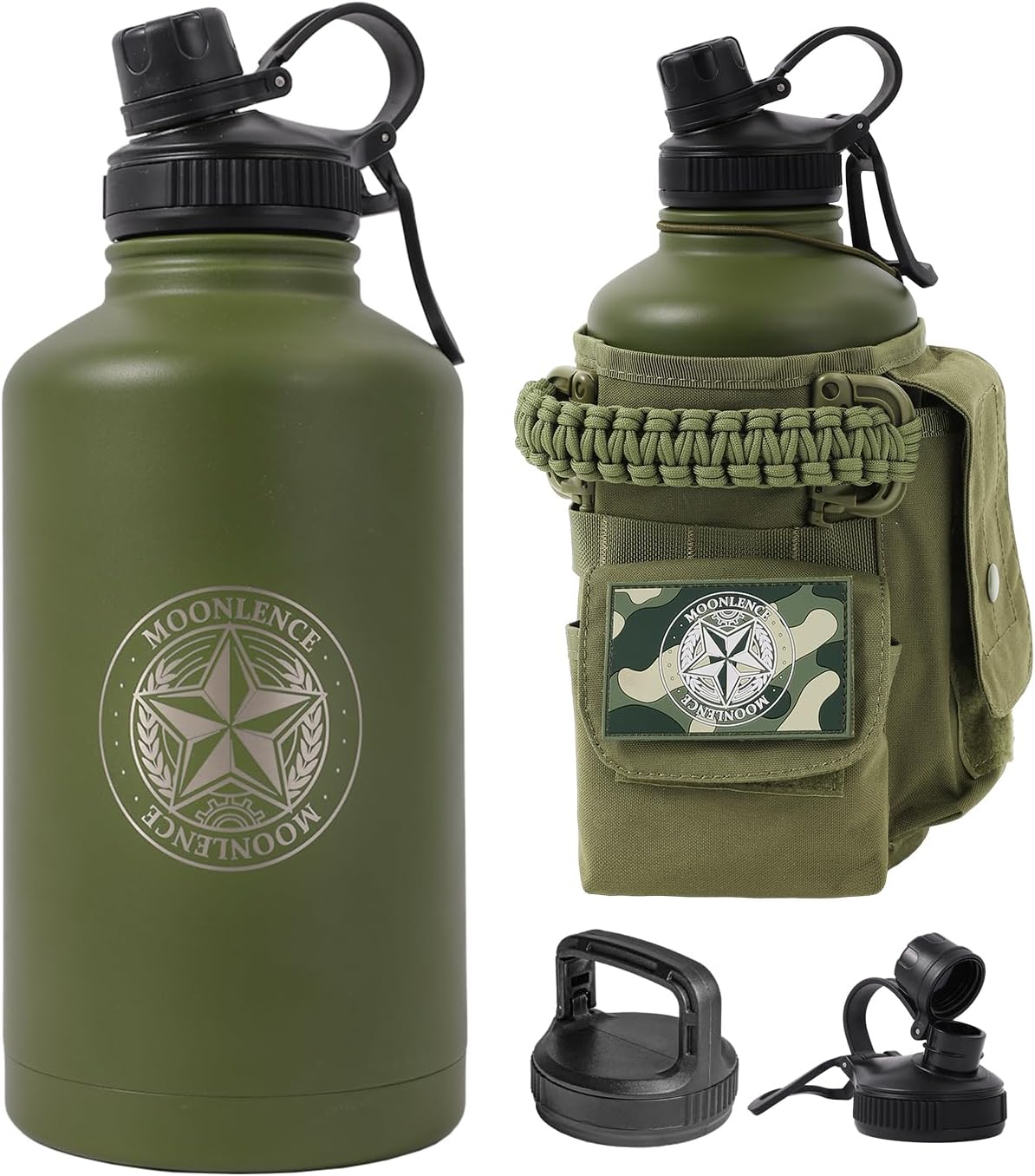 MOON LENCE Insulated Water Bottle, 64 oz Battle Water Jug with Molle Sleeve, Stainless Steel Water Bottles with Changeable Lids, Tactical Water Bottle for Camping, Hiking, Gym Hunter Green
