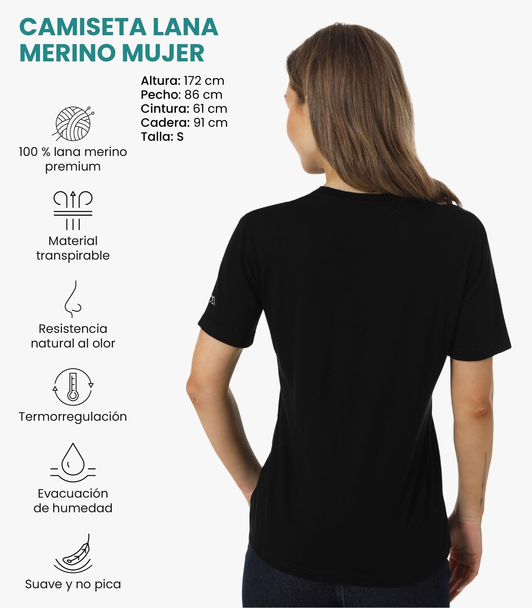 Camiseta Manga Corta Lana Merino Mujer - 100% Lana Merino + Calcetines (X-Large, Negro)