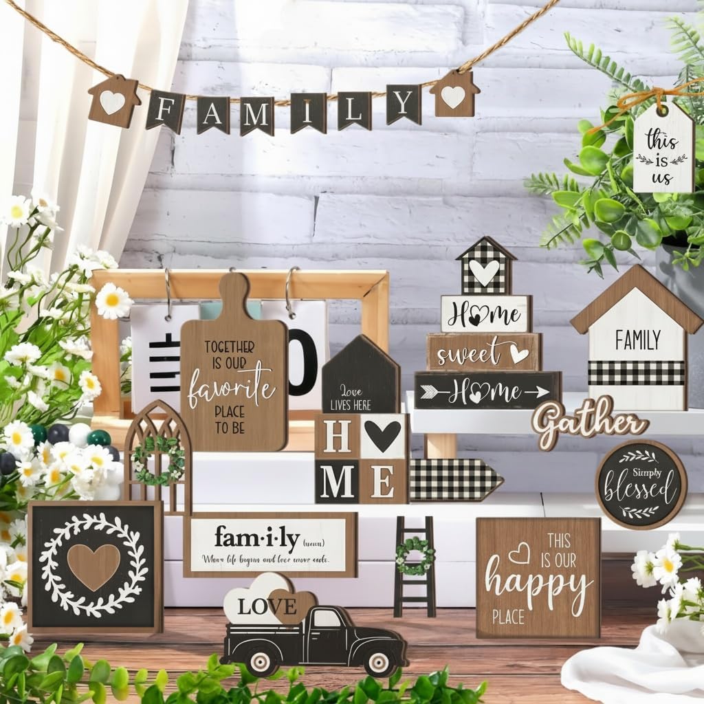 Farmhouse Tiered Tray Decor Set,Rustic Kitchen Decoration for Home,24PCS Wooden Signboards in The Original Wood Color,Table Centerpieces for Dining Room,Coffee Bar,Entryway Table(No Tray)