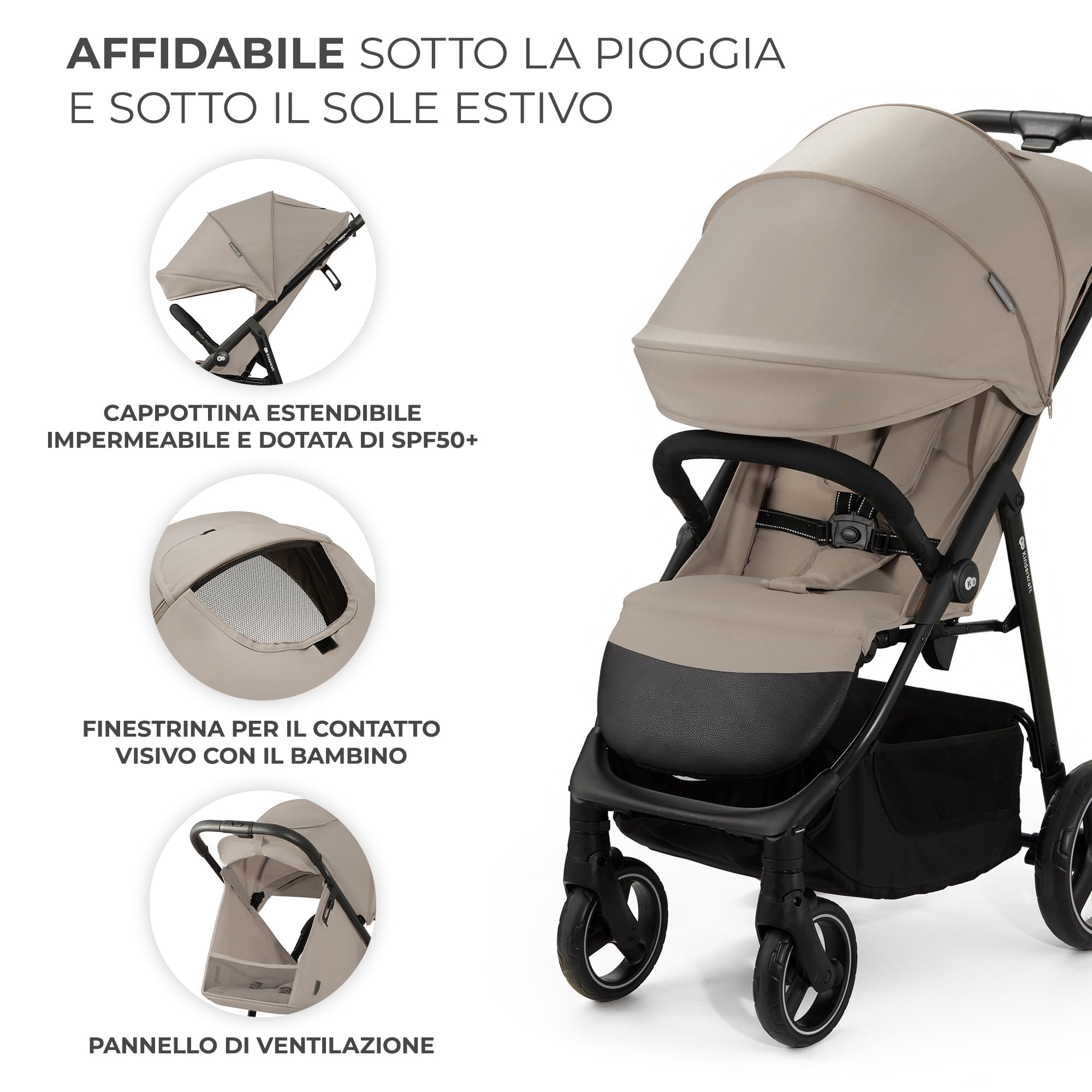 Kinderkraft TRIG 3 Passeggino Leggero, Pieghevole, Posizione Distesa, Posizione Reclinata, Sospensione 4 Ruote, Cinture di sicurezza a 5 punti, Bambini, Fino a 22 kg, Beige