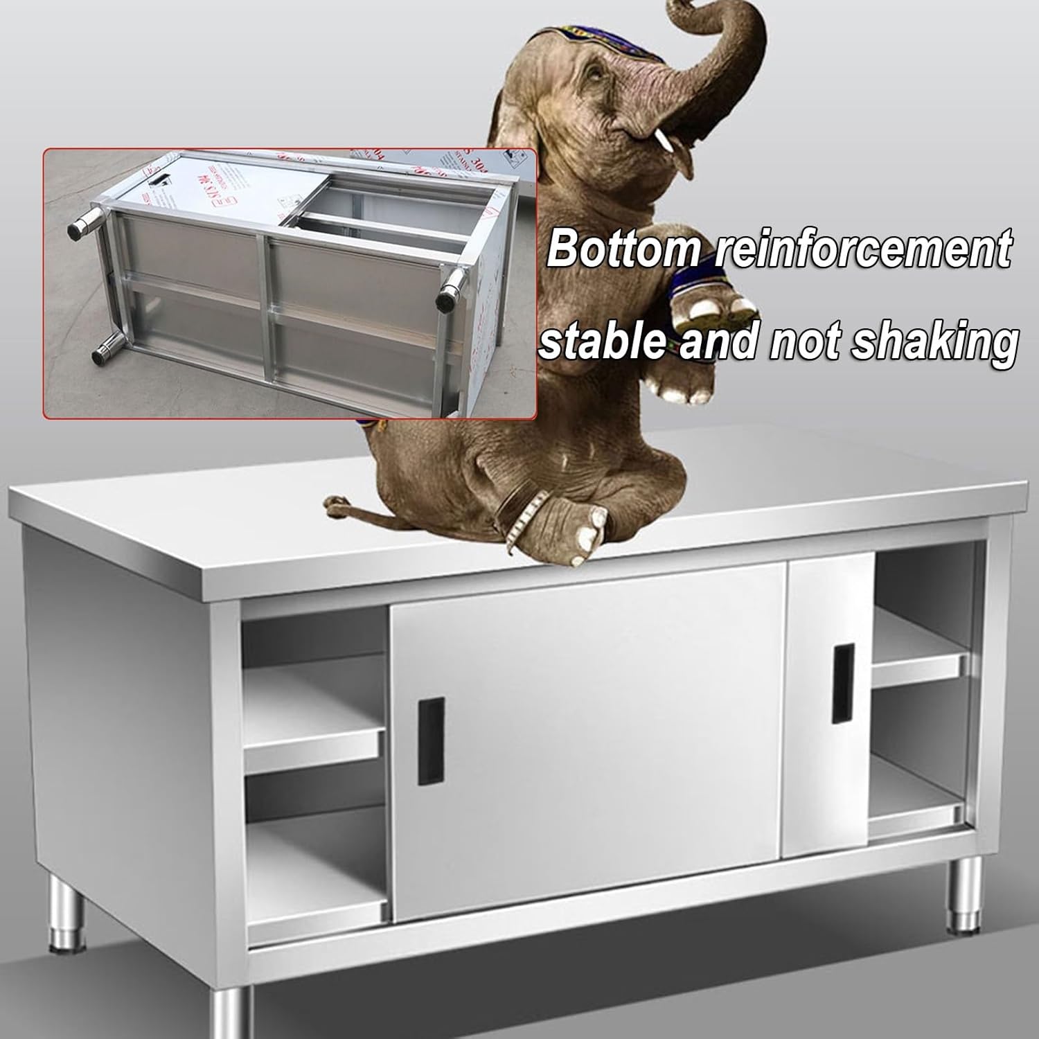 Double Pass Workbench Kitchen Sliding Door Storage Cabinet Preparation Table Home Commercial Multifunctional Metal Table Sturdy Stainless Steel Workbench(80x50x80cm)