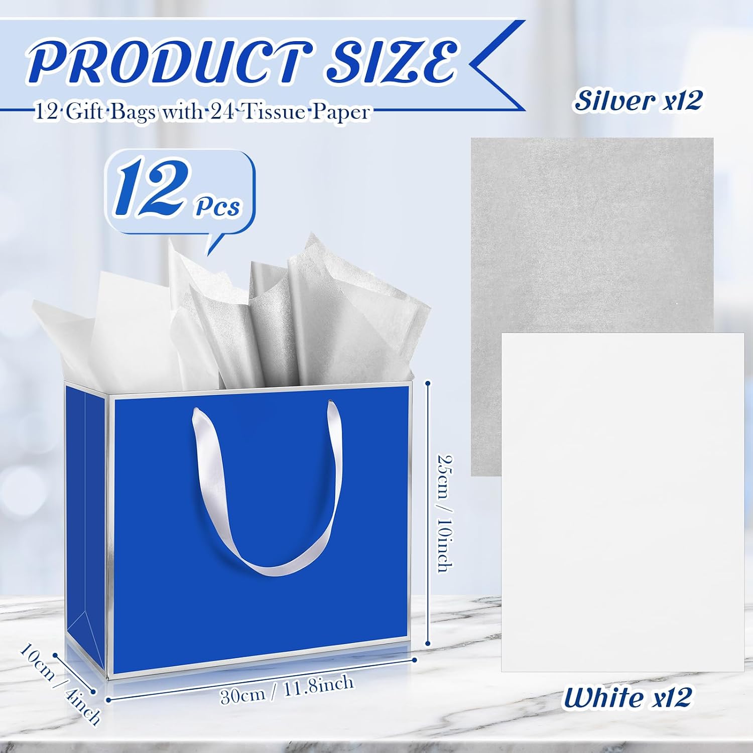 relithick 12 pack metallic paper gift bag with handles and tissue paper 11.8 x 10 x 4'' thank you favor bag for graduation mother's day wedding bridesmaid groomsman 5 senses gifts (royal blue,silver) royal blue,silver 12