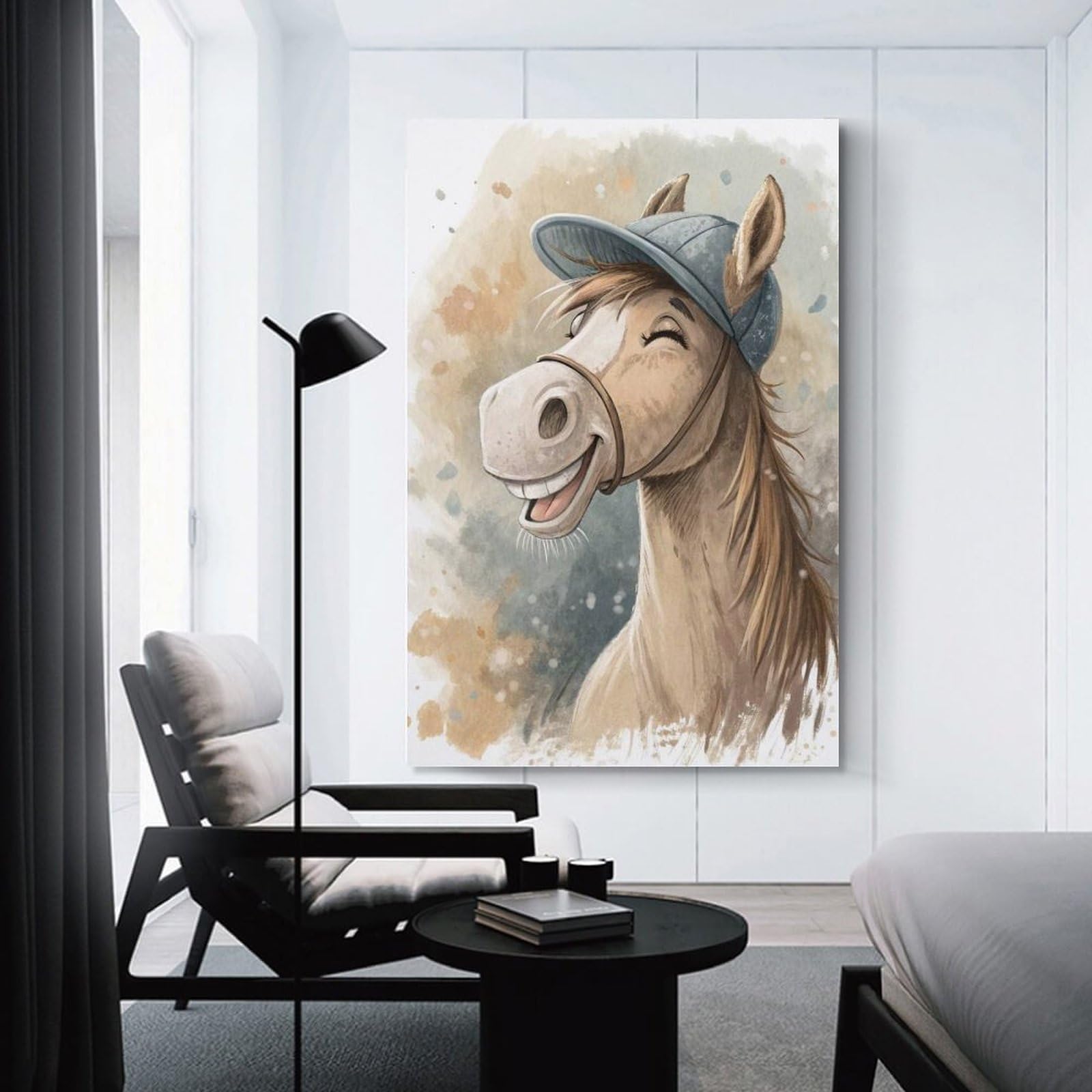 Junmoney Wall Picture Print Happy Horse Wearing A Cap, 20x30inch(50x75cm), for Living Room, Lounge Or Sitting Room, Modern Wall Decor for Cosy Interiors