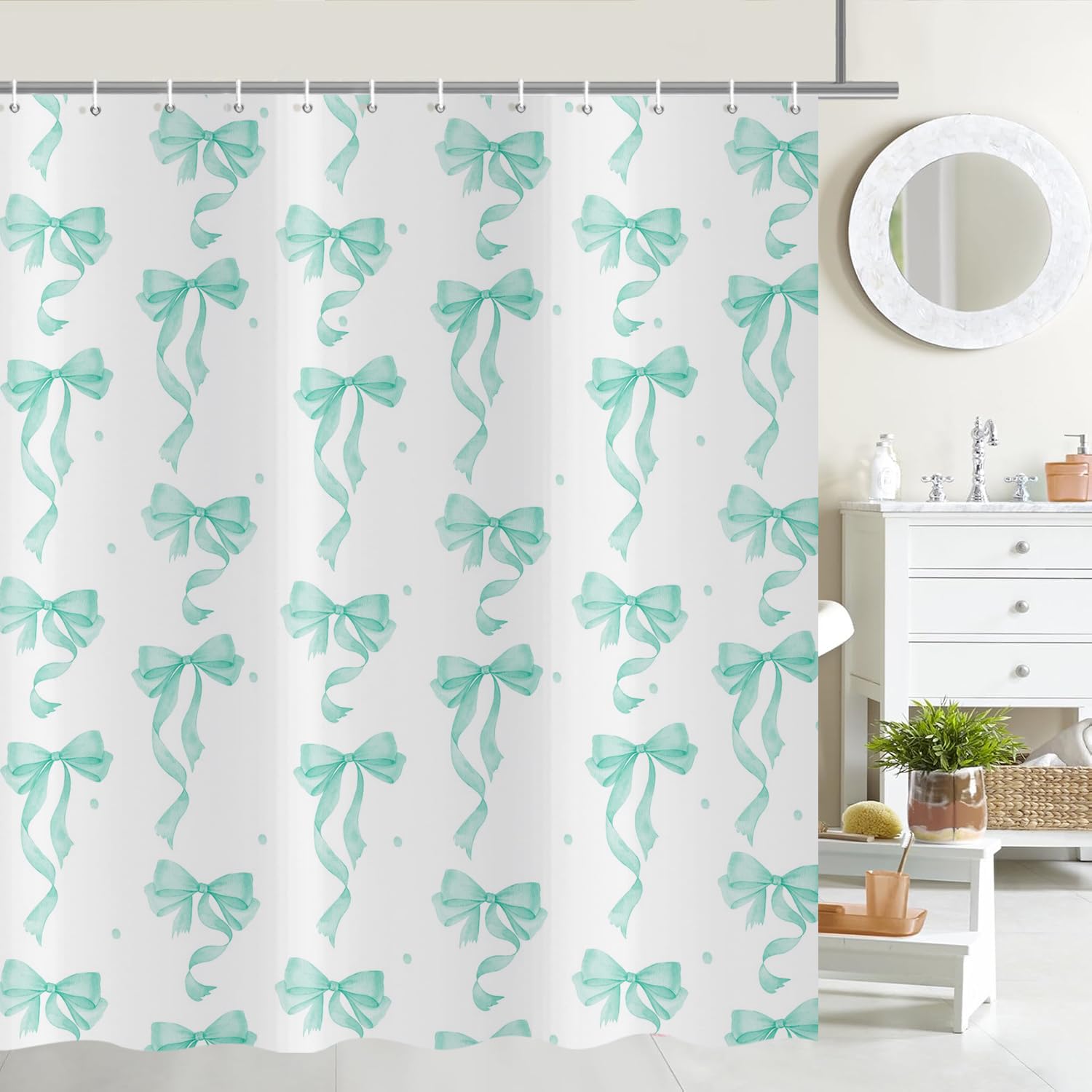 ASDCXZ Turquoise Bow Shower Curtain 180x240 cm, Fresh Simple Turquoise Aesthetic Bow Kids Bathroom White Waterproof Bath Curtain Polyester Fabric Washable Shower Curtains for Bathtub with 12 Hooks