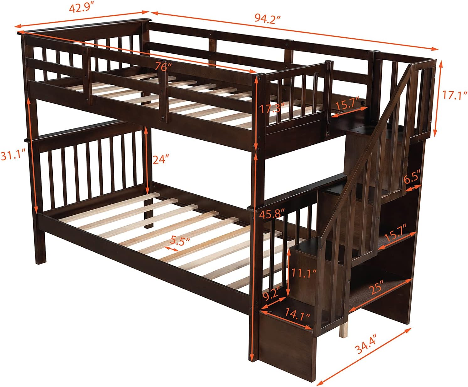 Stairway Bunk Beds Twin Over Twin Bunk Bed with Storage Shelves Wood Bed Frame for Kids Boys Girls Teens,Can be Divided into 2 Beds, Espresso