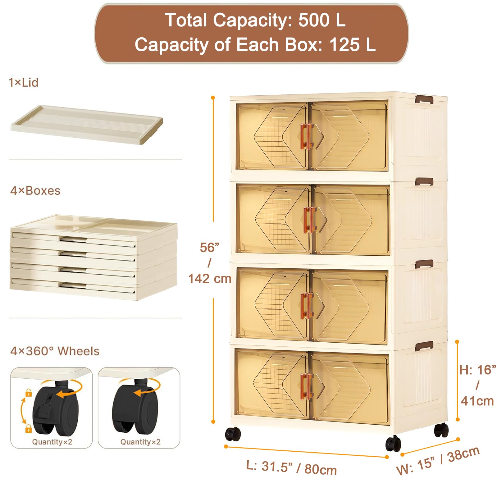Set di 4 Contenitori in Plastica Pieghevoli con Coperchio – Scatole Impilabili con Ruote, Organizer Salvaspazio per Armadio, Cucina, Soggiorno e Camera da Letto - 125L