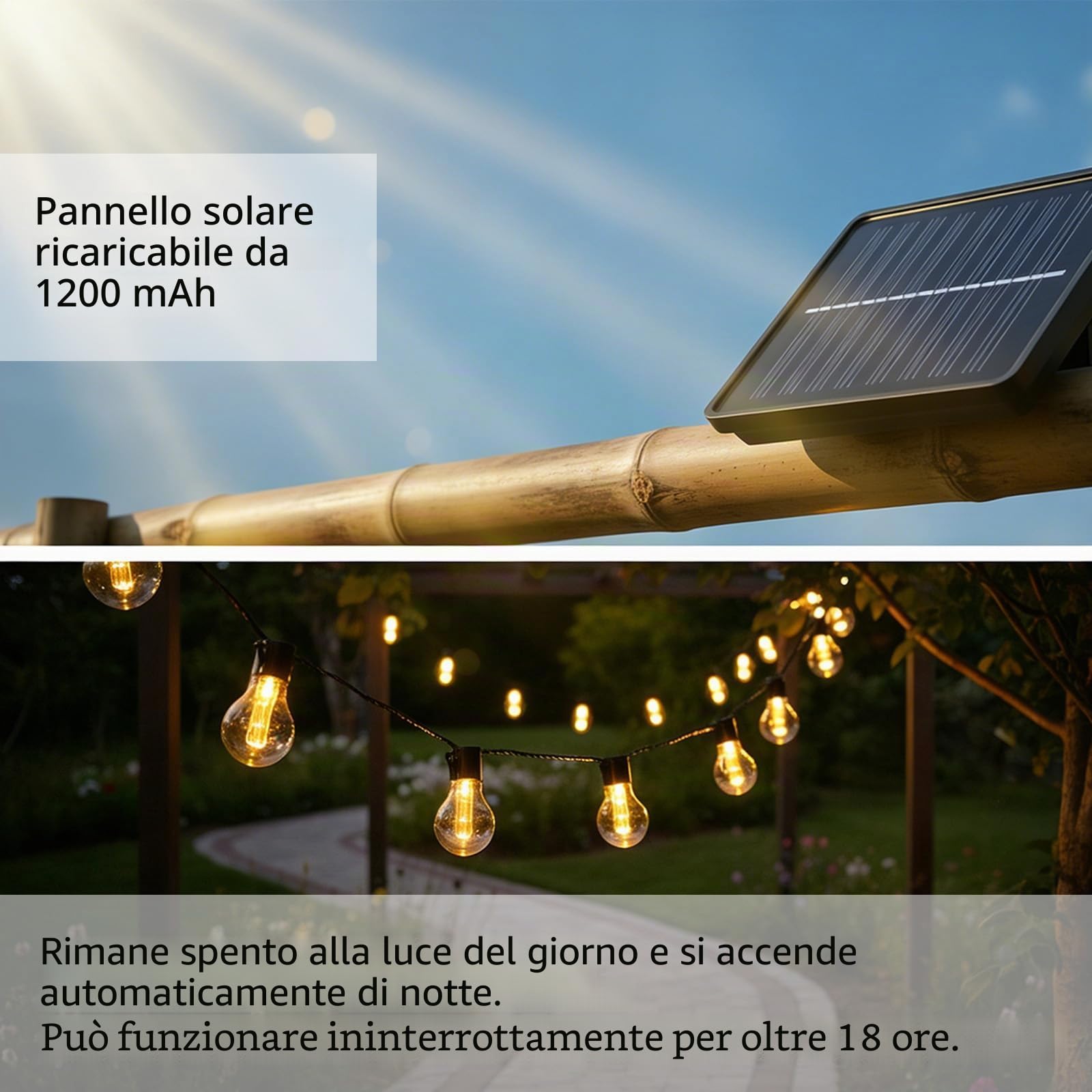 Ghirlanda luci da esterno solare, 9 metri, 20 LED, lampadine in plastica infrangibile, IP65, impermeabile, 8 modalità luce calda per giardino, terrazza, balcone, pergola, feste