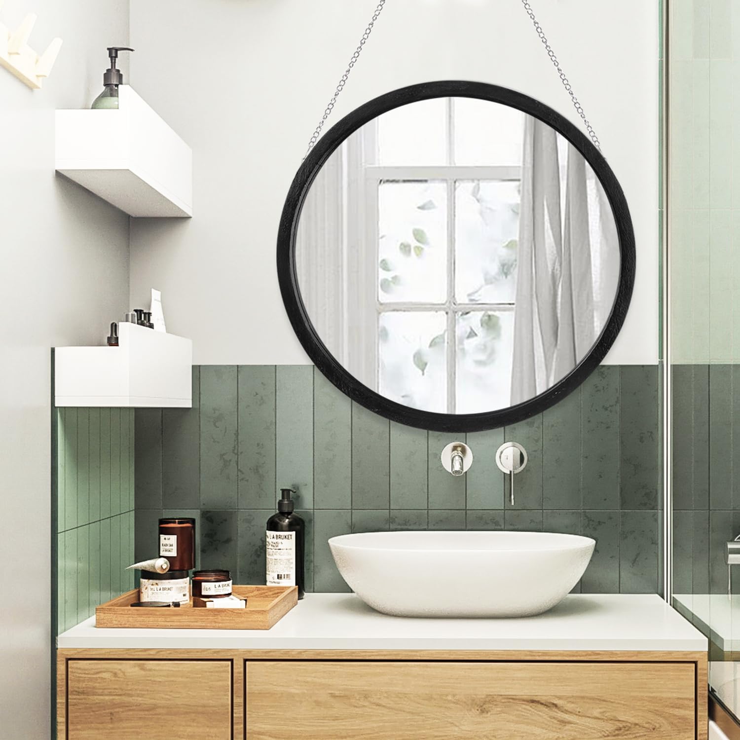 JJUUYOU Ronde wandspiegel, zwarte ronde spiegel voor badkamer, make