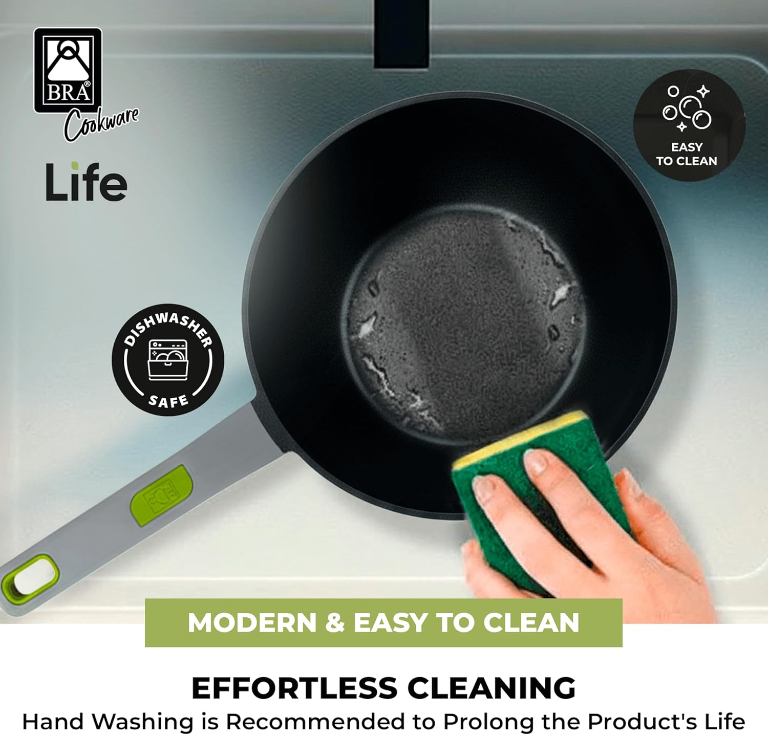 BRA COOKWARE Life Ceramic Nonstick Wok | 11 Inch 6.6 Quart Recycled Aluminum Stir-Fry Skillet | Ceramic Nonstick Deep Fry Pan | PFOA Free Asian Cooking Skillet | All Cooktops Flat Bottom Wok - Image 6