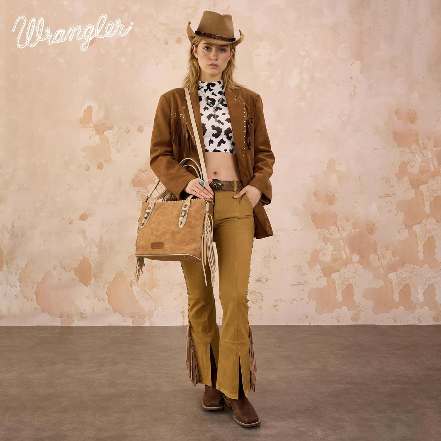 Wrangler Tote Bag for Women Western Fringe Shoulder Purse with Whipstitch Detail, Woven Top Handle Crossbody Handbag