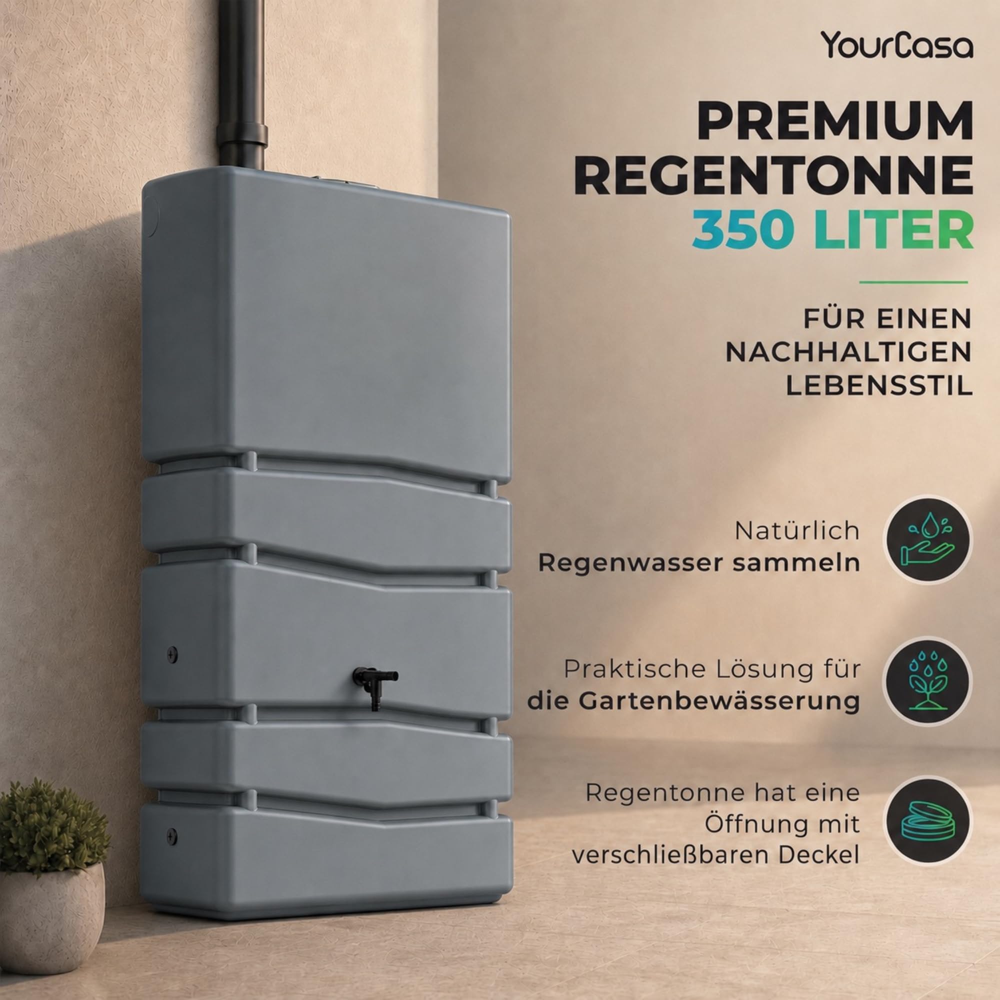 YourCasa Regentonne Eckig 350 Liter [Aqua Silo] XXL Regenfass mit Öffnung und Deckel - platzsparende Form - Frostsicher aus Kunststoff - Regenwassertonne - Regenwassertank Garten Schmal (Anthrazit)