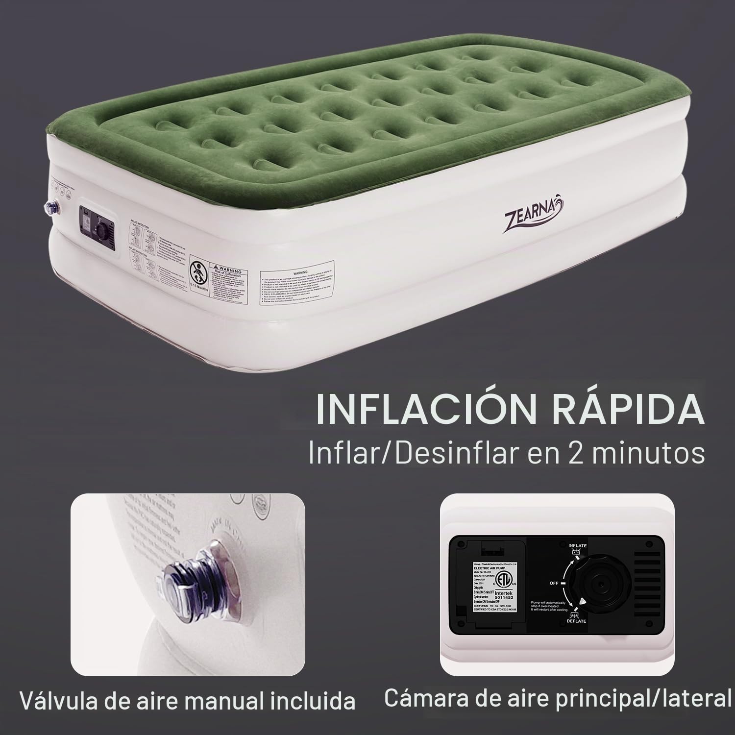 Zearna Colchón Hinchable Individual para 1 Persona, colchón Inflable Cama de Aire Autoinflable Rápido en 3 Min con Bomba Eléctrica Integrada, Invitados o Uso en Casa, Medidas 190x100x46 cm