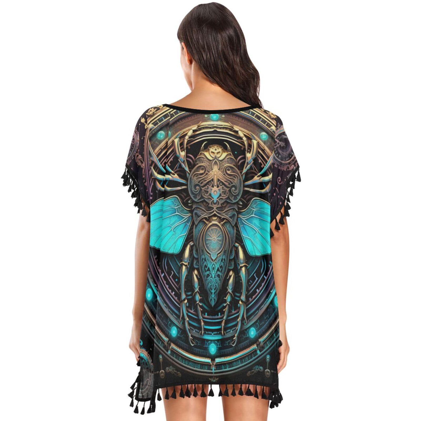 Cyan Abstract Honeybee Art Women's Beach Cover Up Chiffon Tassel Swimwear Swimsuit Coverups for Girl