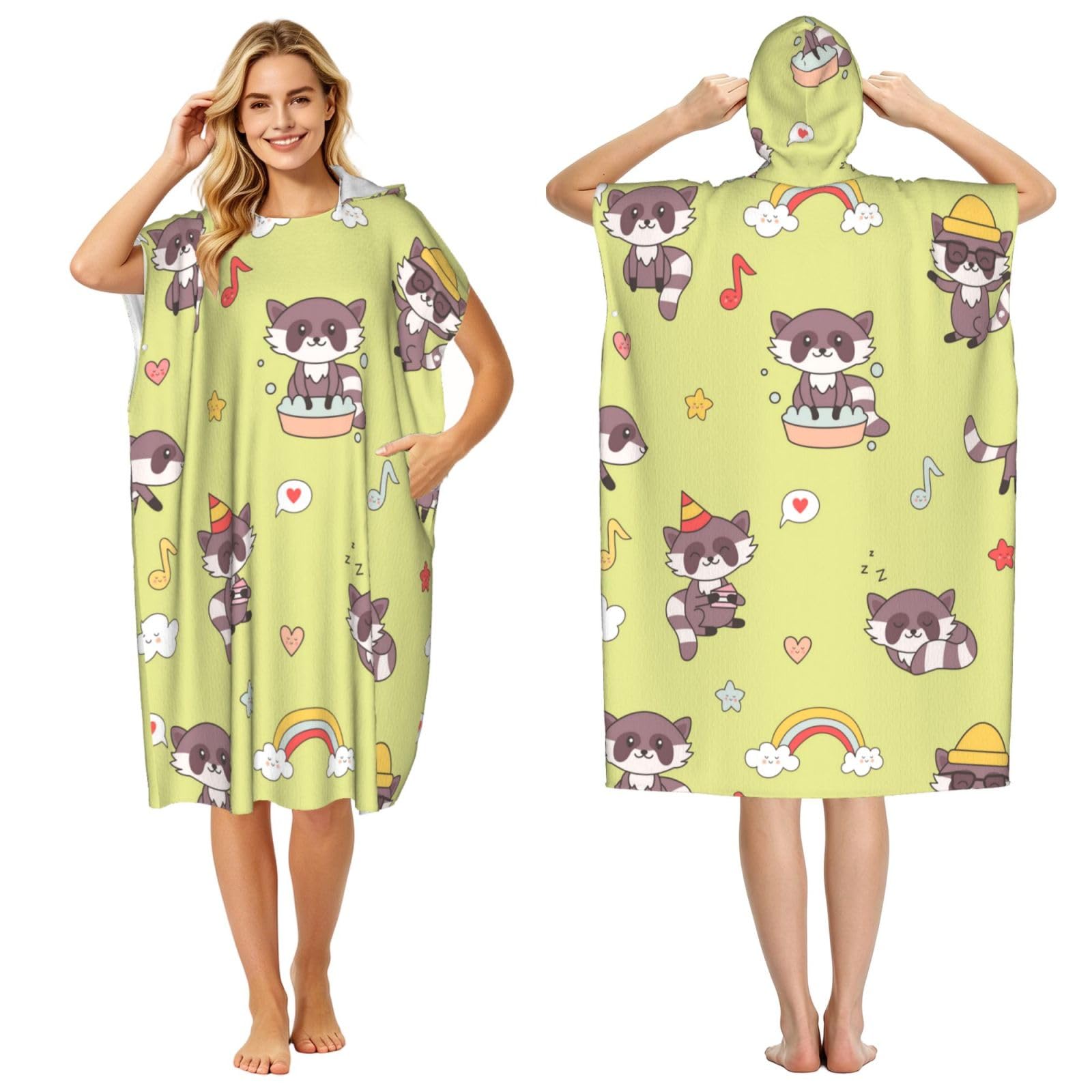 Poadnly Kawaii Raccoon Cute, Adult Hooded Beach Towel 90 x 110 cm,Changing Bath Robe, Surf Poncho Towel For Women Men