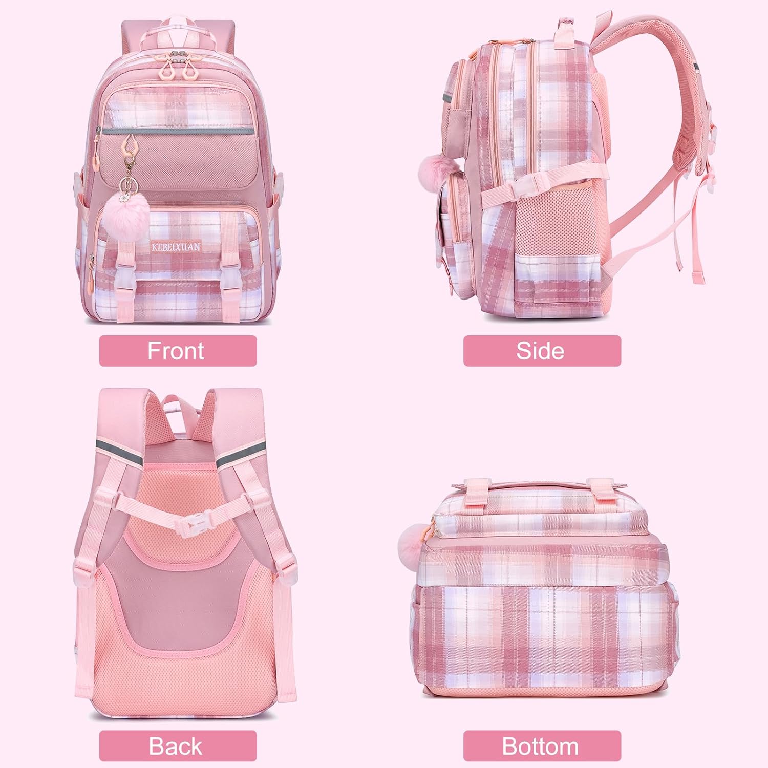 KEBEIXUAN Backpack for Girls - Cute School Bag with Lots of Pockets for Elementary Students, Durable & Functional | Mochila Escolares para Niñas (Pink)