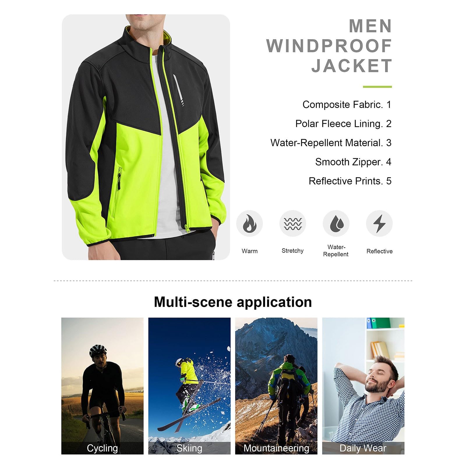 2026 Giacca Impermeabile Ciclismo Giacca Running Sportivo Softshell Caldo Antivento MTB Jogging Alpinismo Uomo Stand Up Collar Con 2 Tasche Verde & Grigio