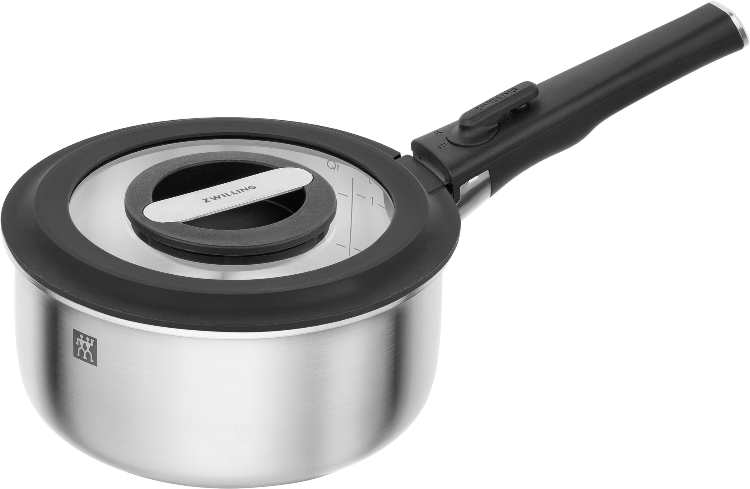 ZWILLING Unlock Batterie de cuisine 5 pièces (casserole 20 + 16 cm, poignée, 2 couvercles en verre), empilable, poignée amovible, acier inoxydable 18/10, pour tous les types de feux, y compris