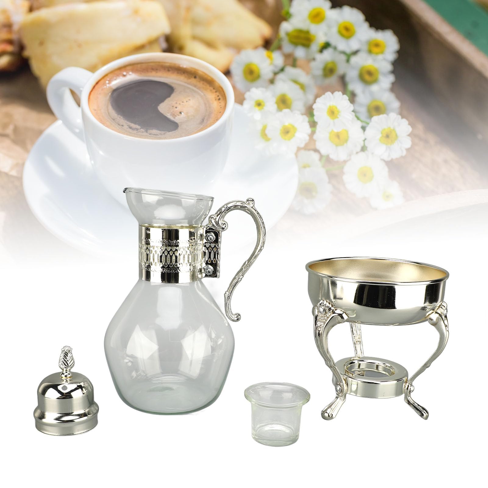 Glas -Kaffeekanne, Glas Kaffeekanne Set, Glas Teekessel mit loser Tee -Infuser, intage Stil heißer kalter Teekessel, Vintage türkische Kaffeekanne Glas Teekessel (Silber)
