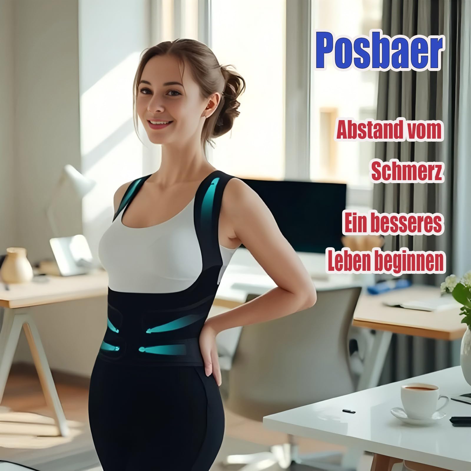 Rücken Geradehalter Bequem und Verstellbar Rückenstützgürtel, Haltungskorrektur Rücken herren damen, Öffne deine Schultern (Schwarz 16, M)
