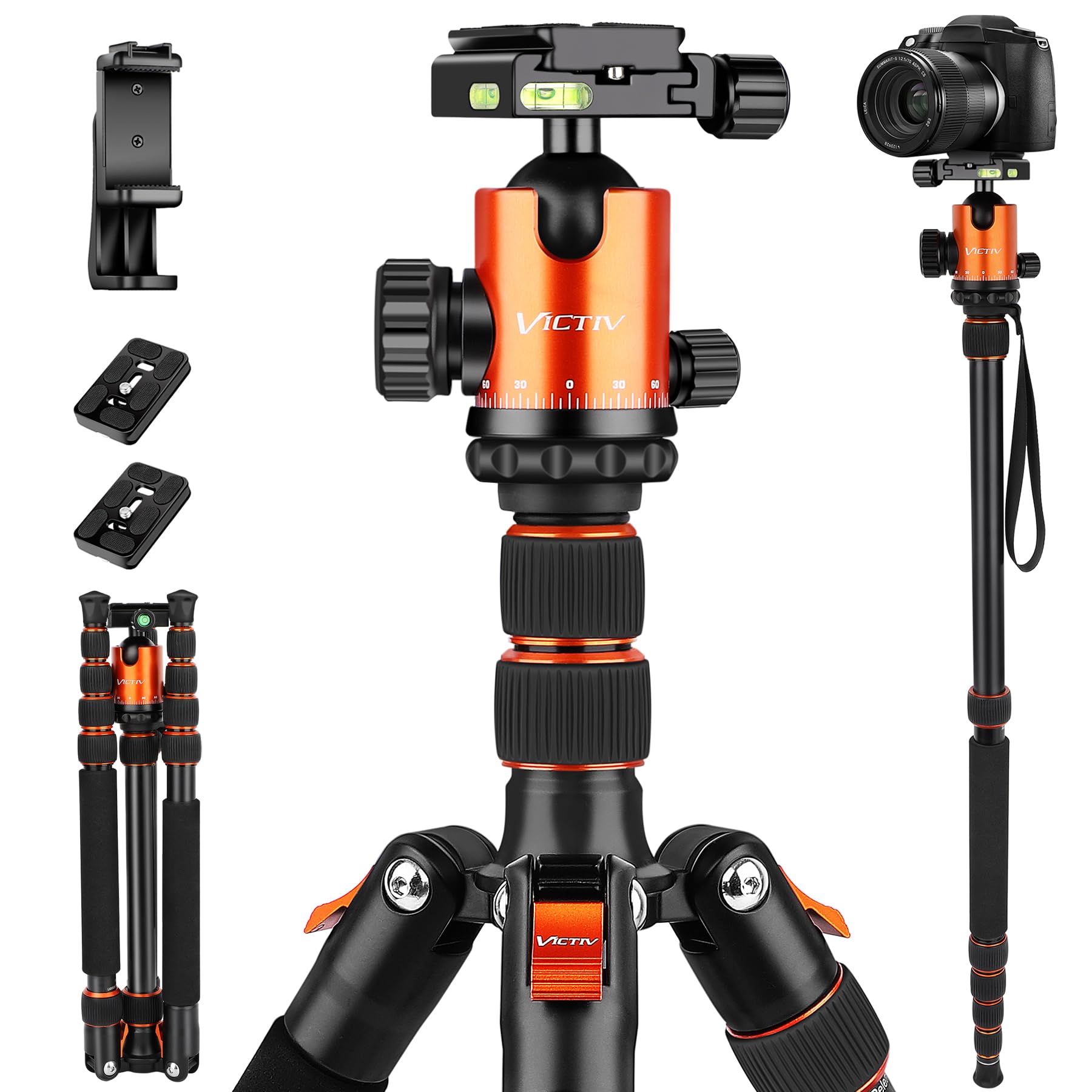 Victiv 205cm Professionelles Kamera Stativ, Aluminiumlegierung Reisestativ Stativ mit 360° Kugelkopf für DSLR Canon Nikon Sony, belastbar bis 15,4 kg, 2-in-1 Fotostativ Einbeinstativ für Kamera, Handy