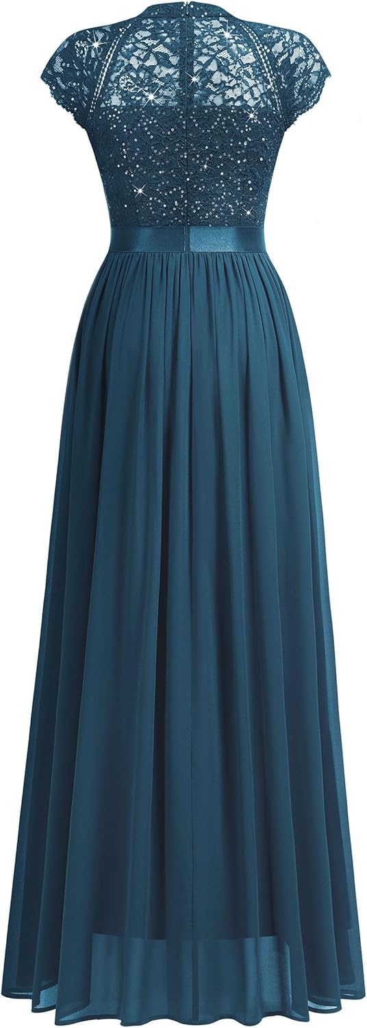 Miusol Women's Elegant Sequin Lace Contrast Chiffon Split Style Evening Party Maxi Dress - Image 5