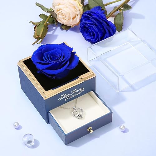 Miniatura 4 de Collar de rosa real azul preservada con texto en inglés I Love You Mom en 100 idiomas flores eternas encantadas regalos para mamá de hija e hijo día