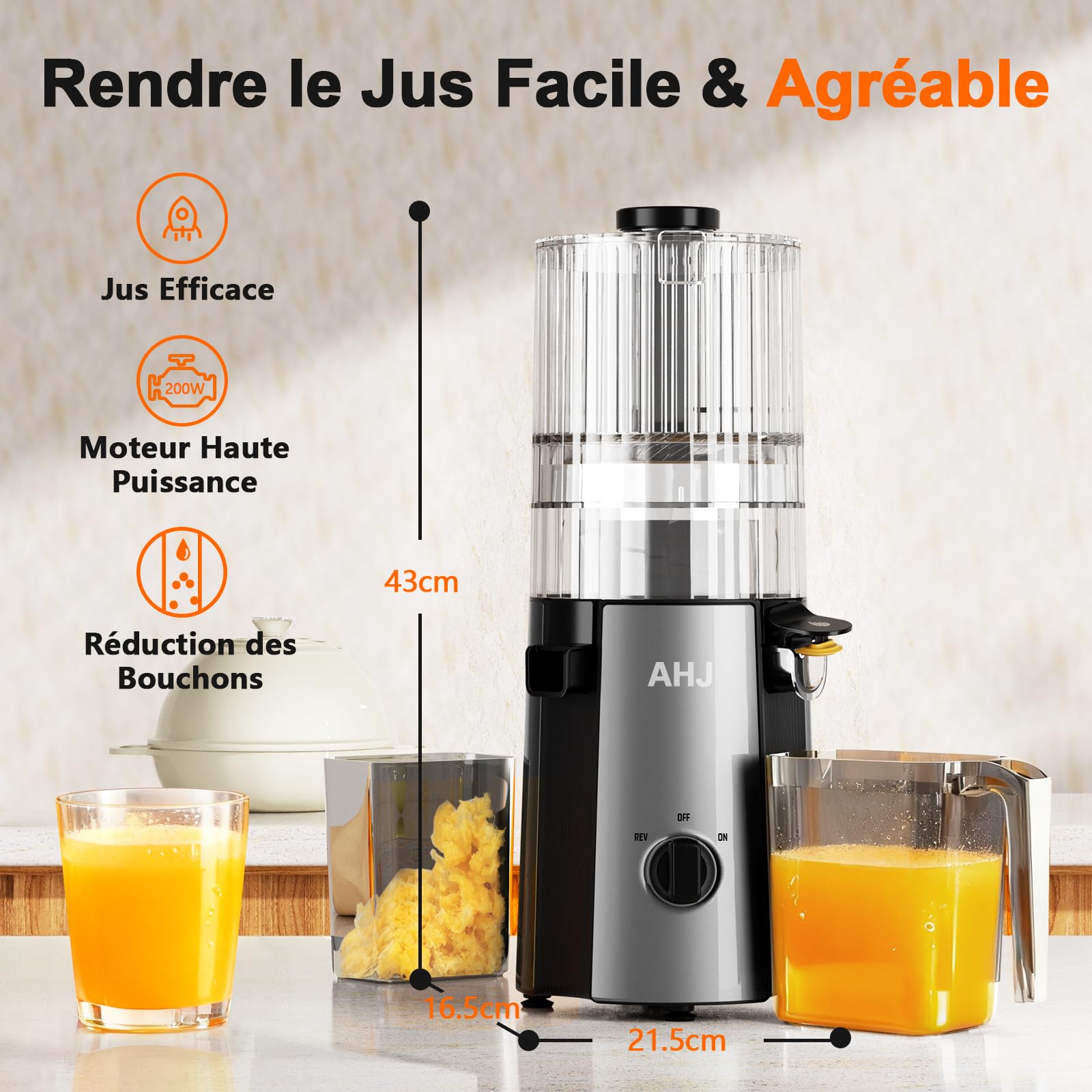 AHJ Extracteur de Jus Lent 135mm, Slow Juicer Presse-agrumes à Froid pour Fruits et Légumes Entiers, Sans BPA